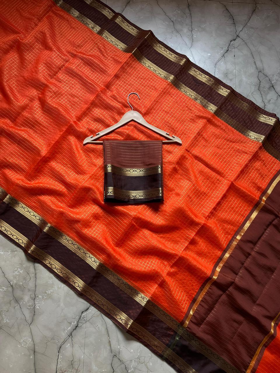 Vintage Banarasi Saree with Checks, Orange and Brown Border