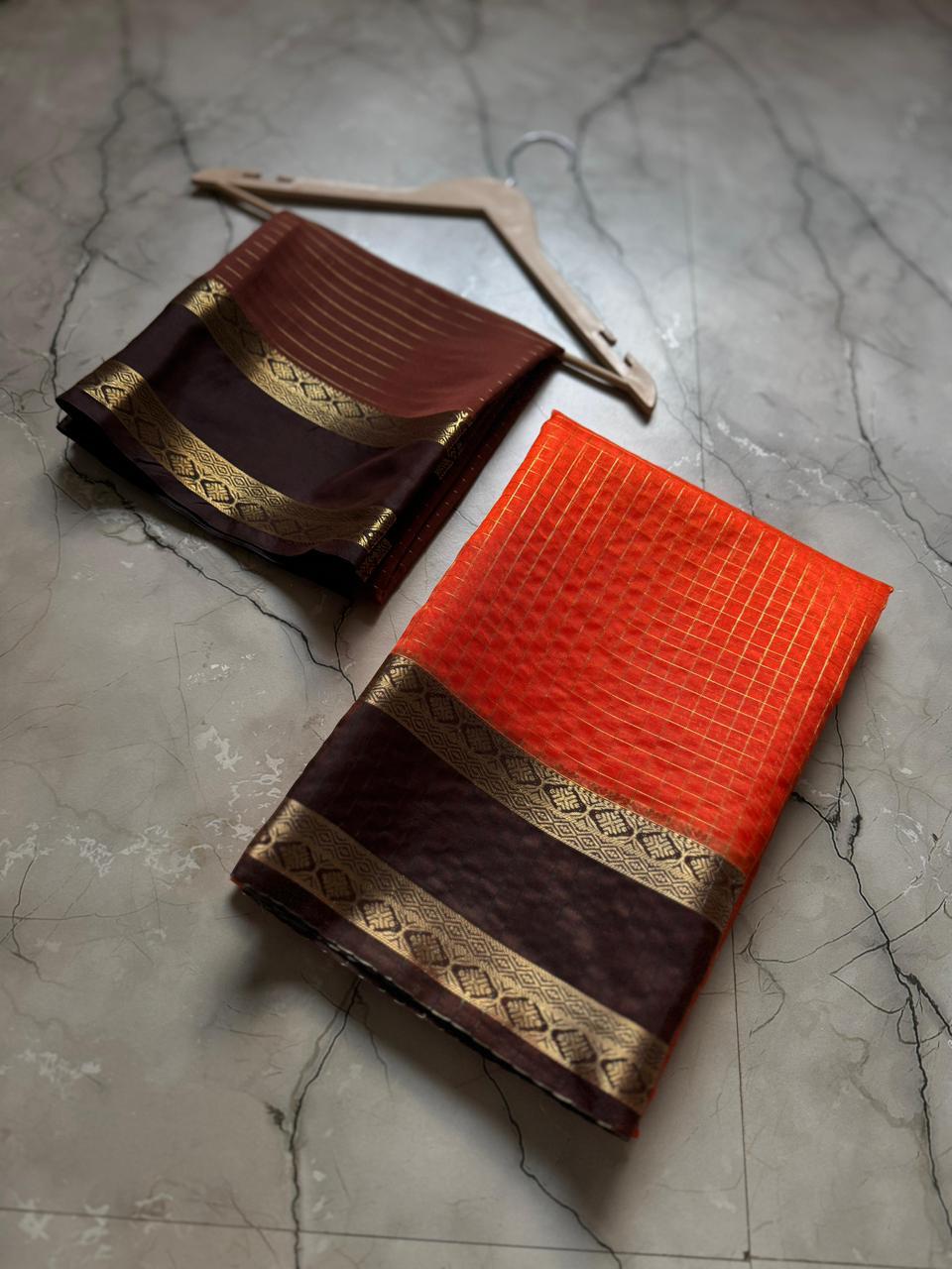 Vintage Banarasi Saree with Checks, Orange and Brown Border