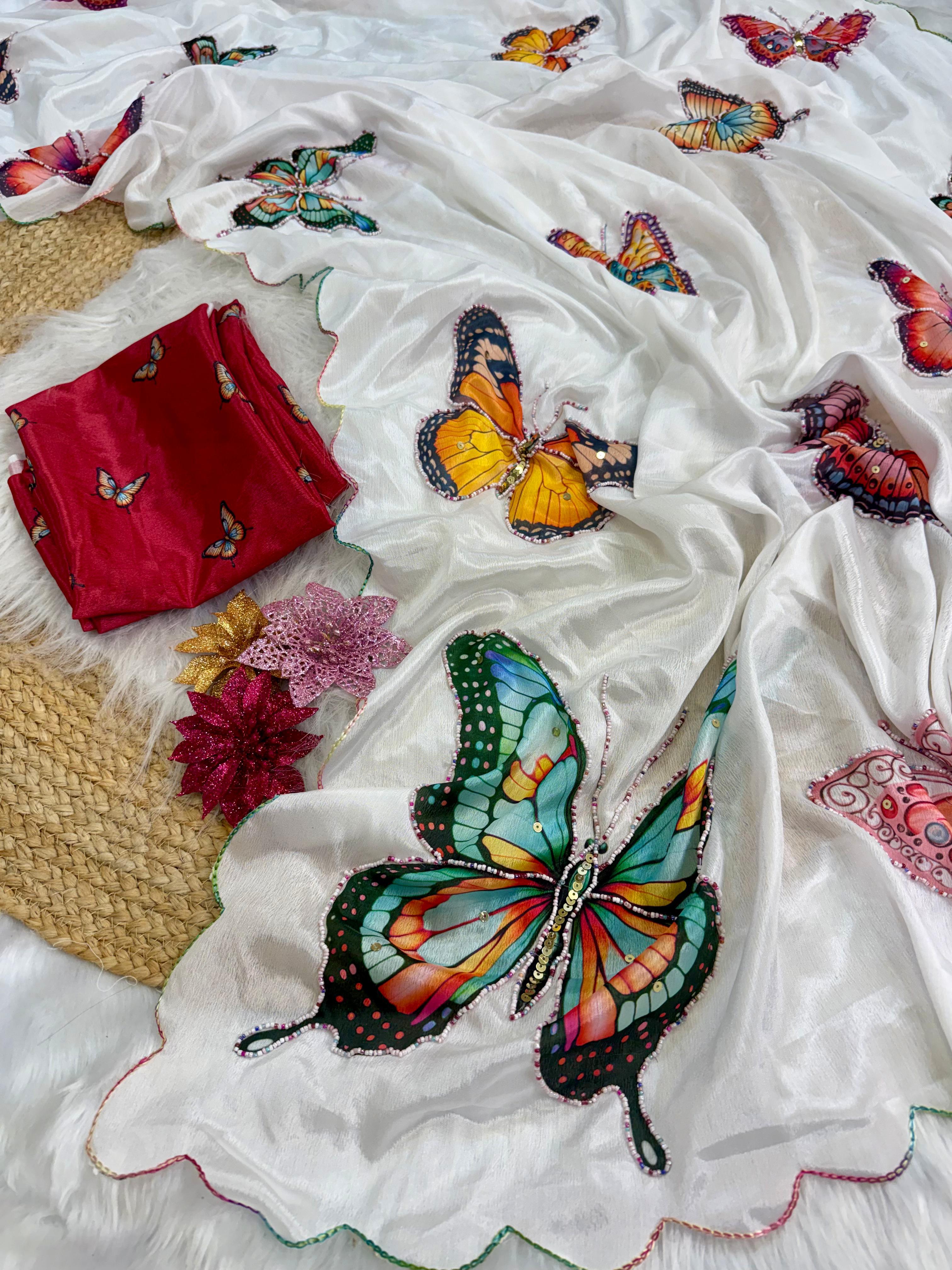 Beautiful White Butterfly Malai Silk Saree