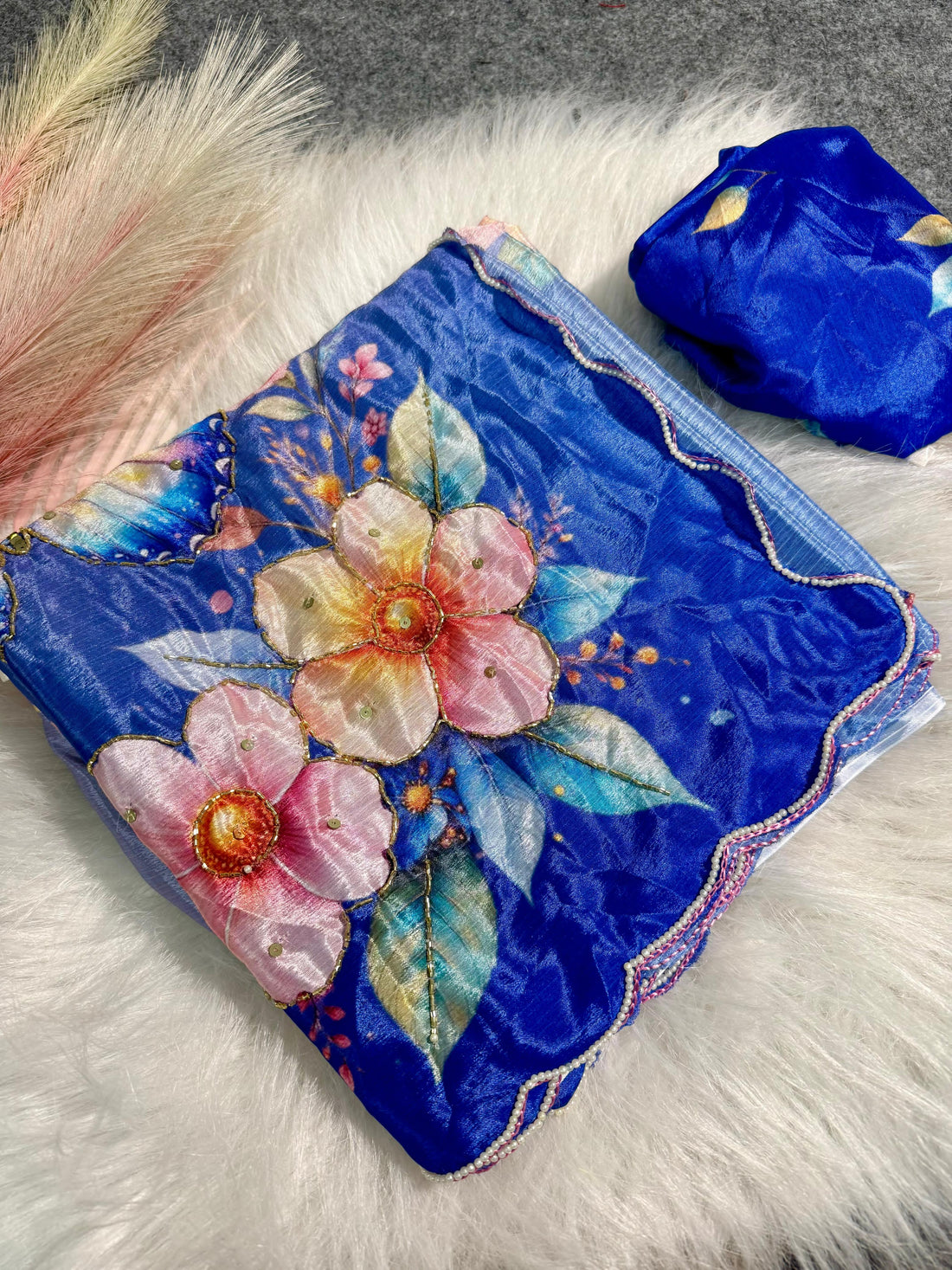 Soft Georgette Malai Silk with Beautiful Floral & Butterfly Design with Cutdana Work