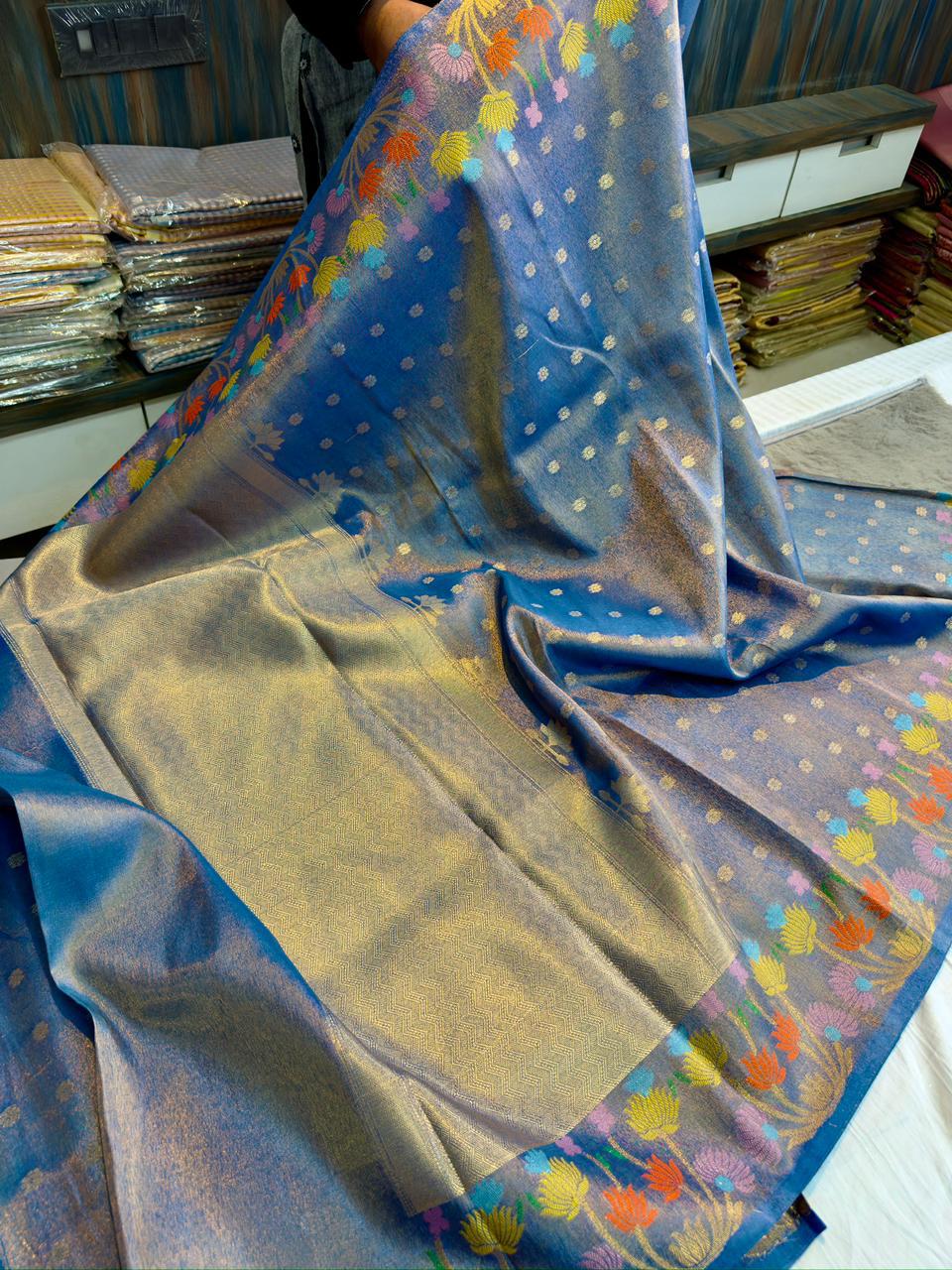 Banarasi Tissue Saree with Meenakari Flower Border