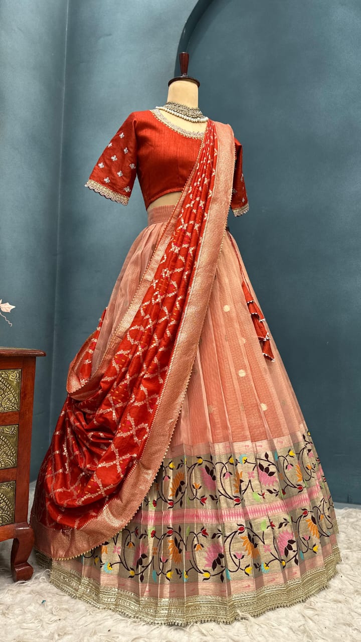 Full Stitched Luxurious Lehanga with Kota checks with Rich big Paithani jacquard border with Premium quality lace border attached with Canvas