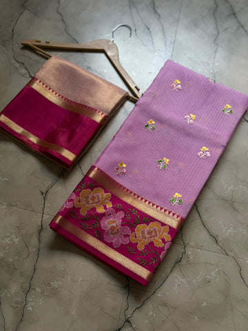 Banarasi Embroidery Pink Border Designer Kota Checks Sarees