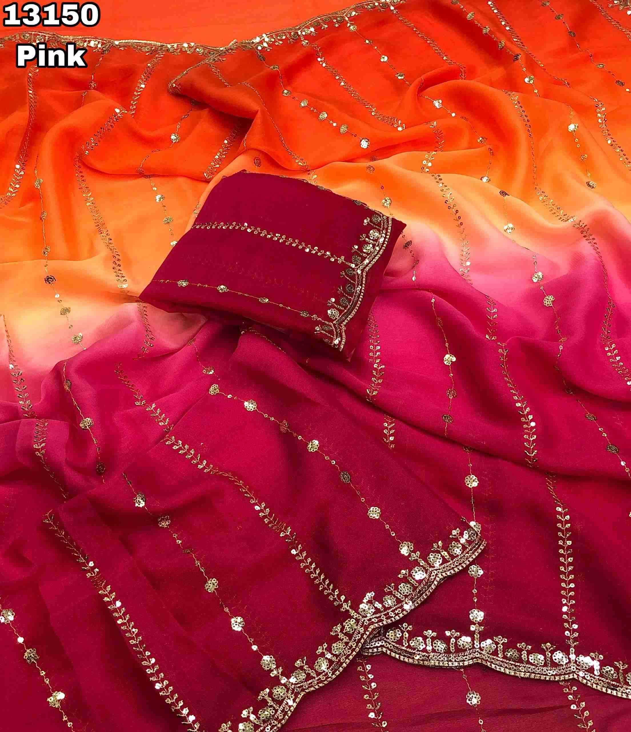 Star Georgette Pedding Sarees With Embroidery & Sequence Work With Scalloped Cutwork Border