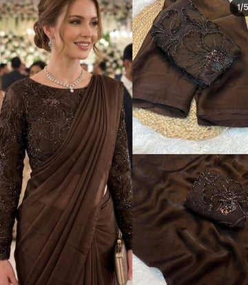 Beautiful Designer Saree in Coffee Color with Ribbon Beads Designer Worked Blouse