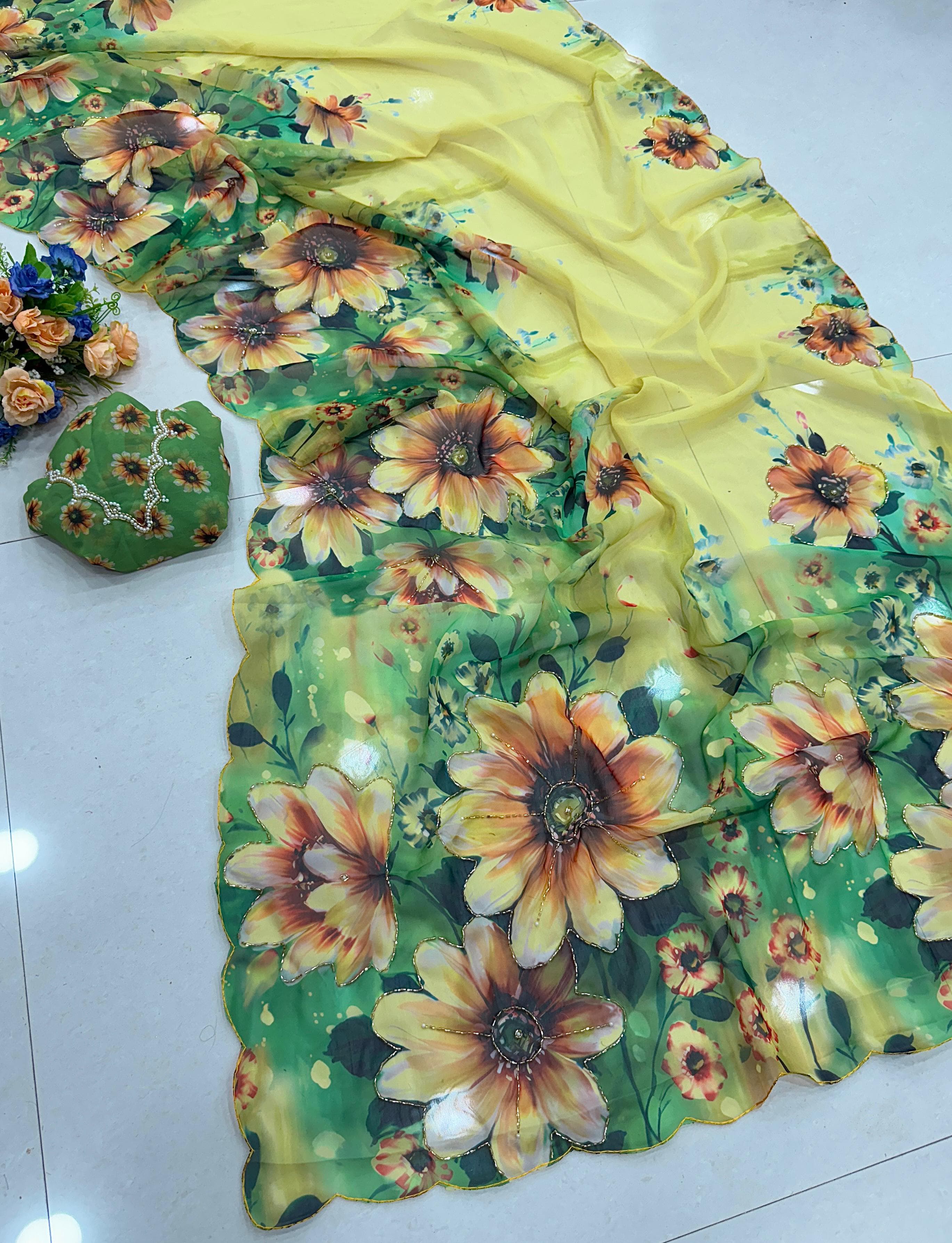 Chiffon floral saree with cutdana work