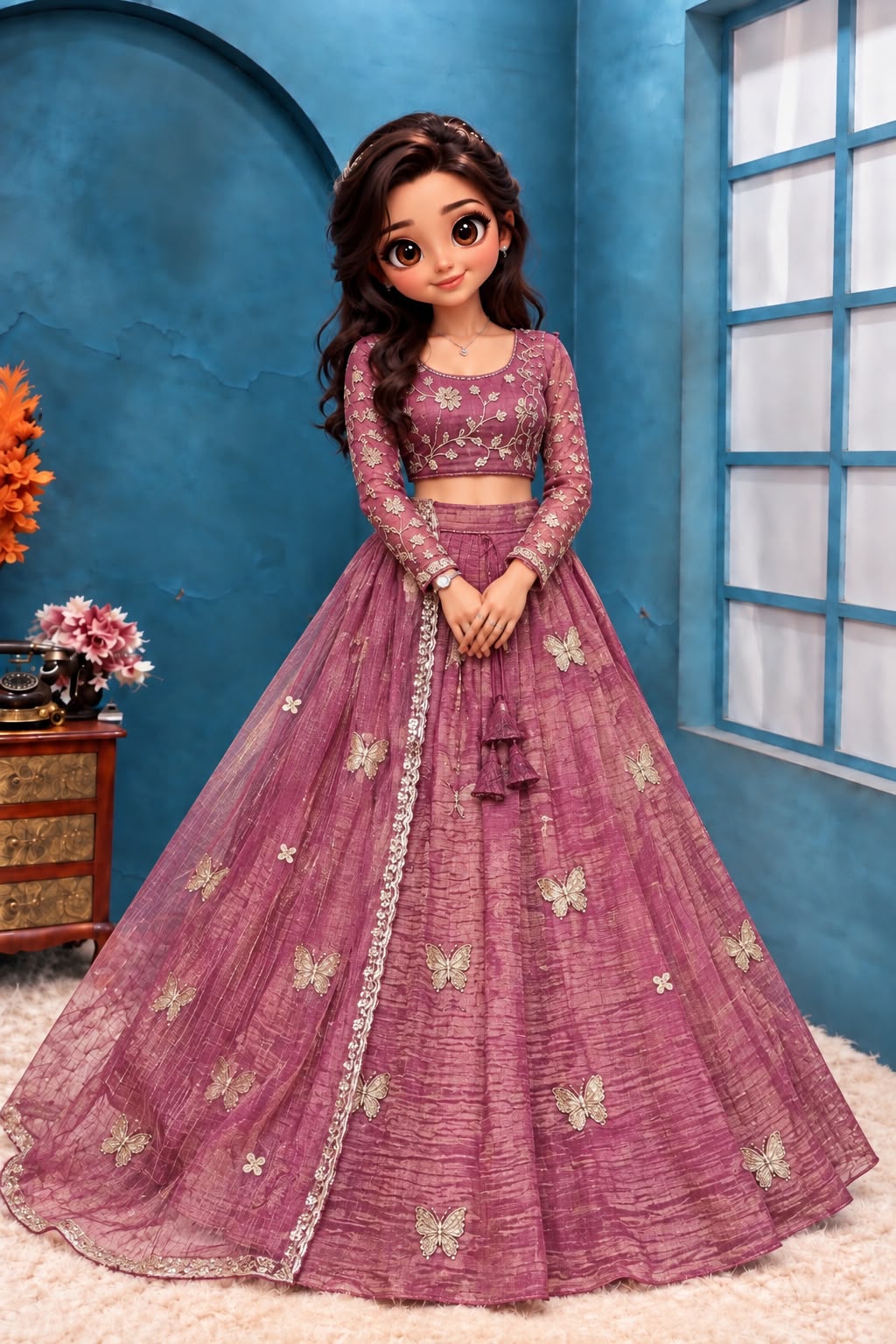 Premium Salsa Silk Fully Stitched Lehenga Set with Elegant Butterfly Maggam Embroidery