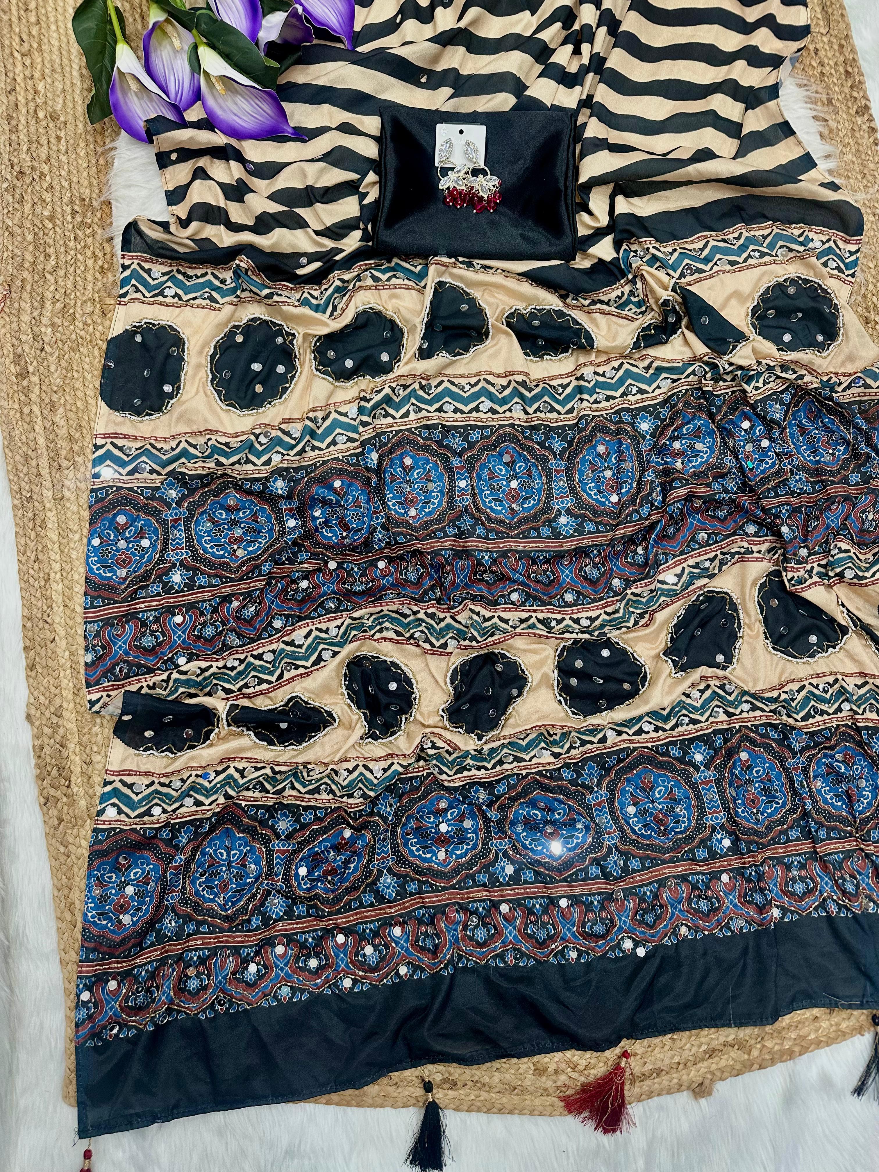New Ajrakh Designer Handwork Party Wear Saree with Original Mirror Work