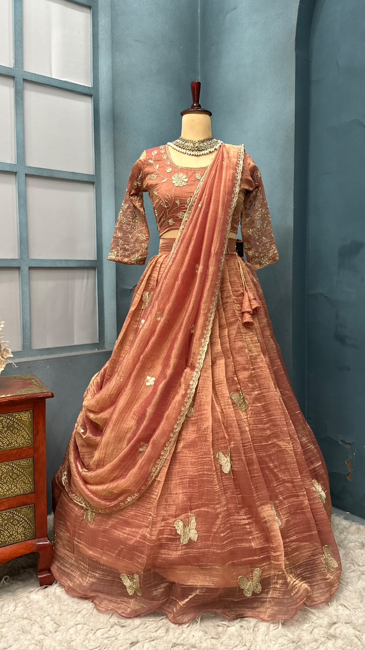 Premium Salsa Silk Fully Stitched Lehenga Set with Elegant Butterfly Maggam Embroidery