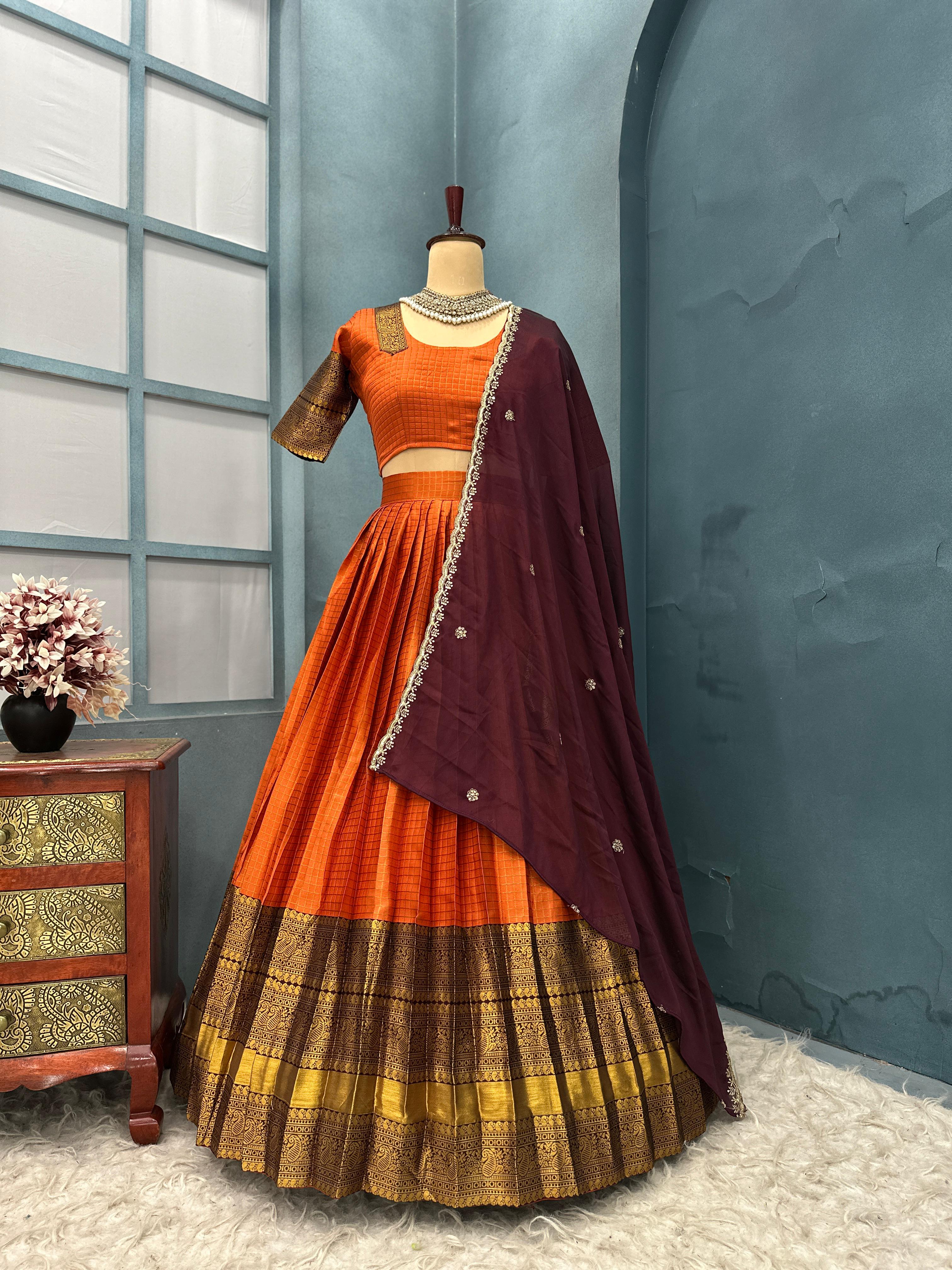 Full Stitched Gadhwal Lehanga with Kanchi Pattu Checks with jacquard border with fine finishing