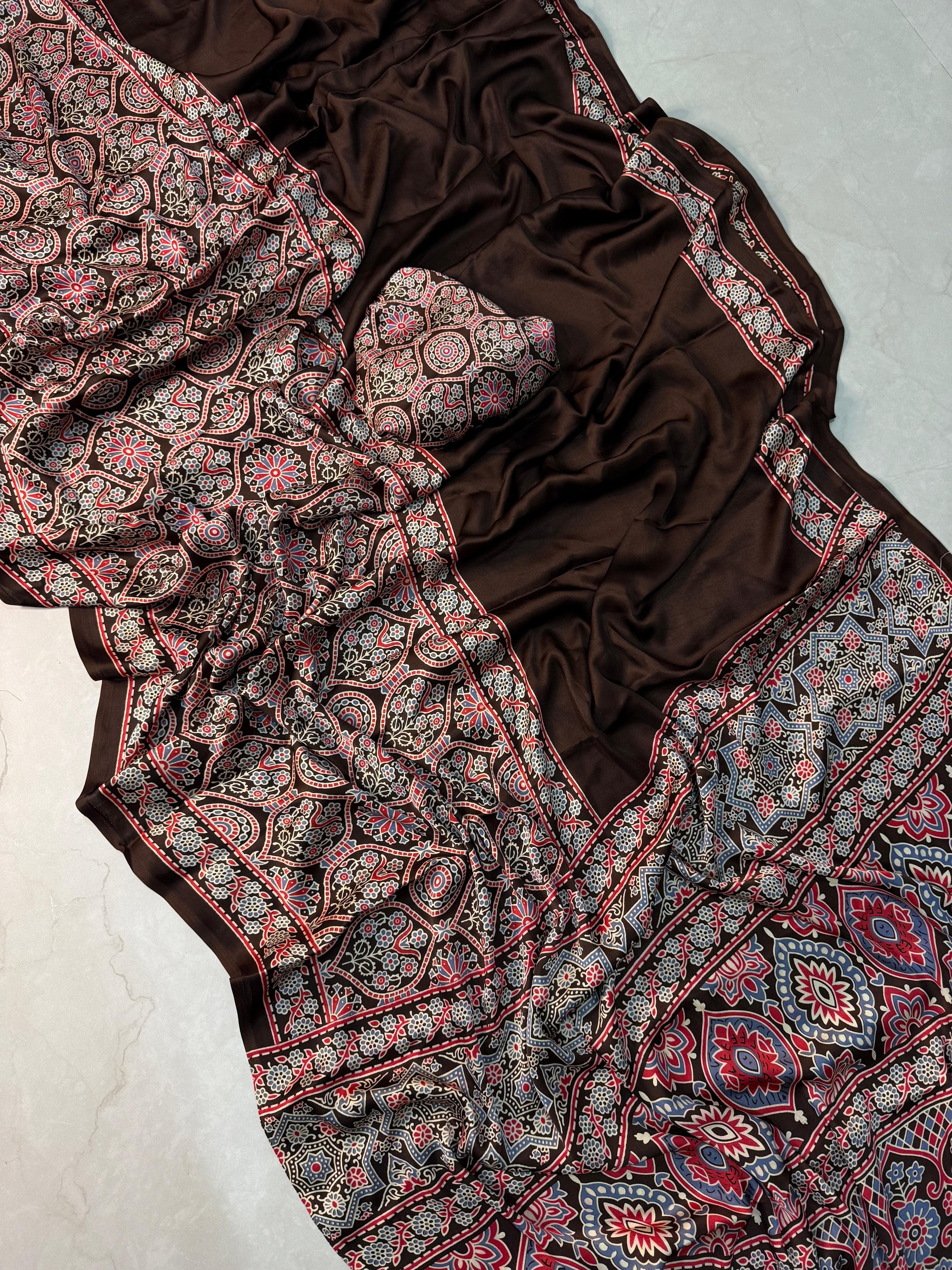Ajrak satin Silk saree