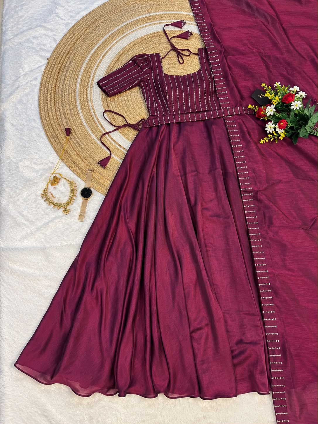 Premium Blooming Vichitra Silk Gown+Duppata with Sequence and Beads work