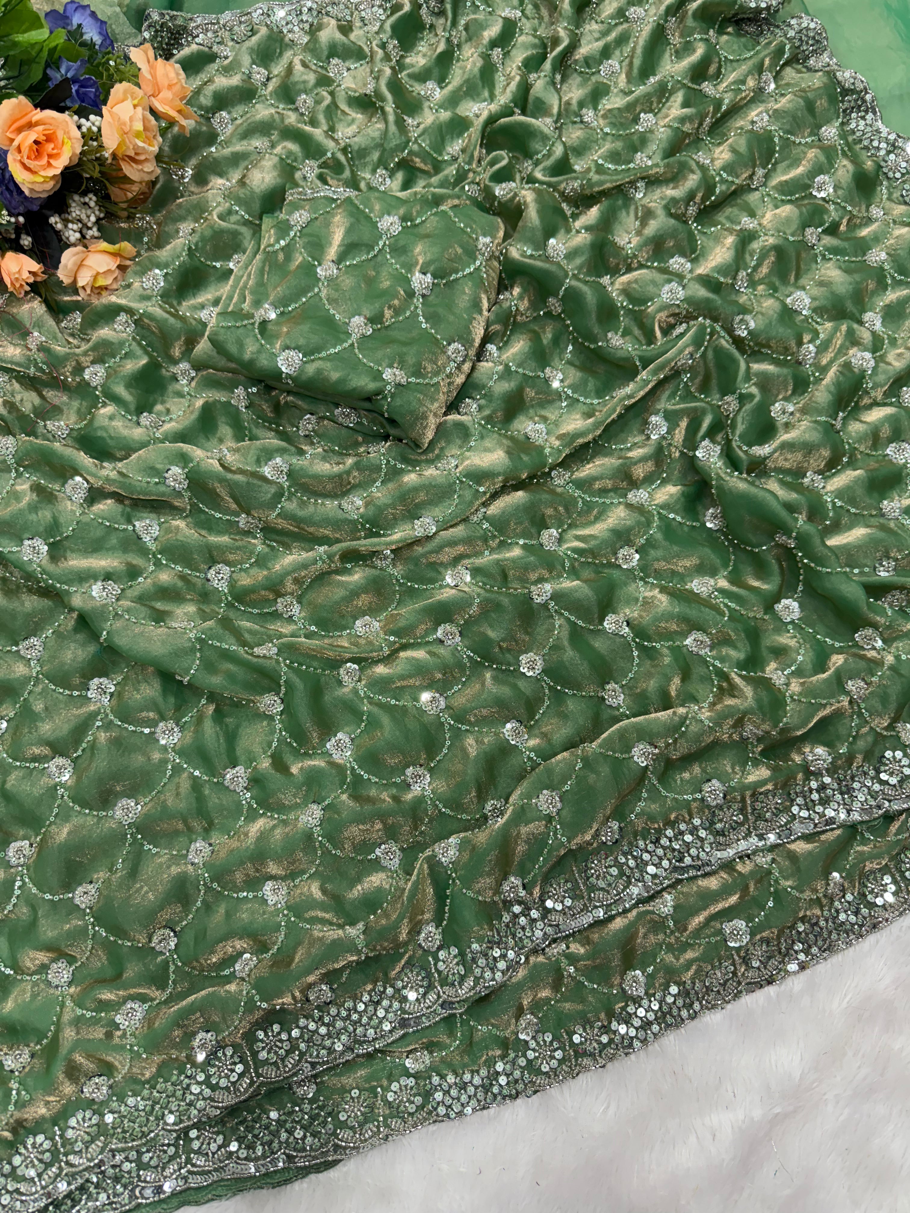 Premium Soft Space Sattin Dual Shad Saree Beeds Tone To Tone Work Saree With Running Blouse