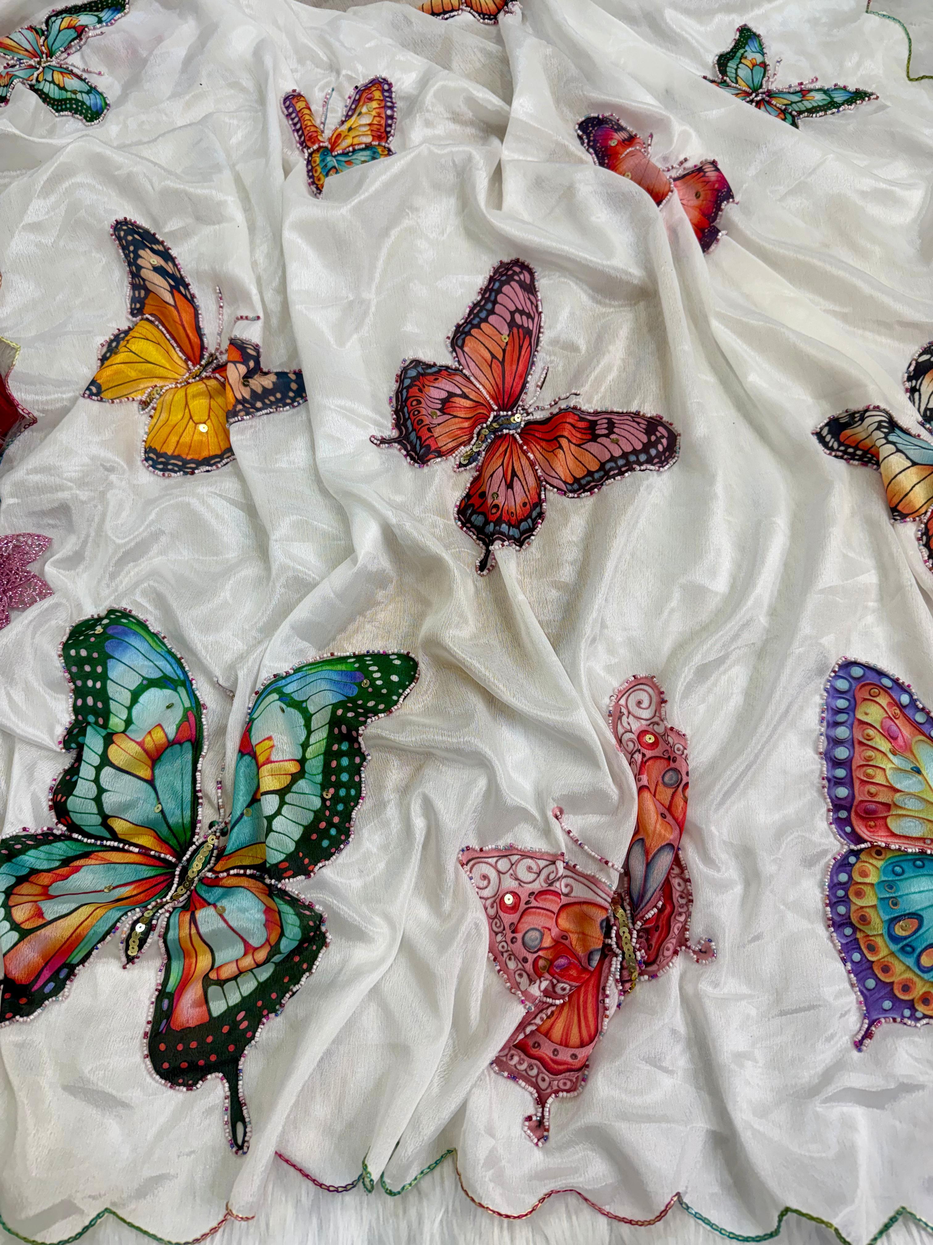 Beautiful White Butterfly Malai Silk Saree