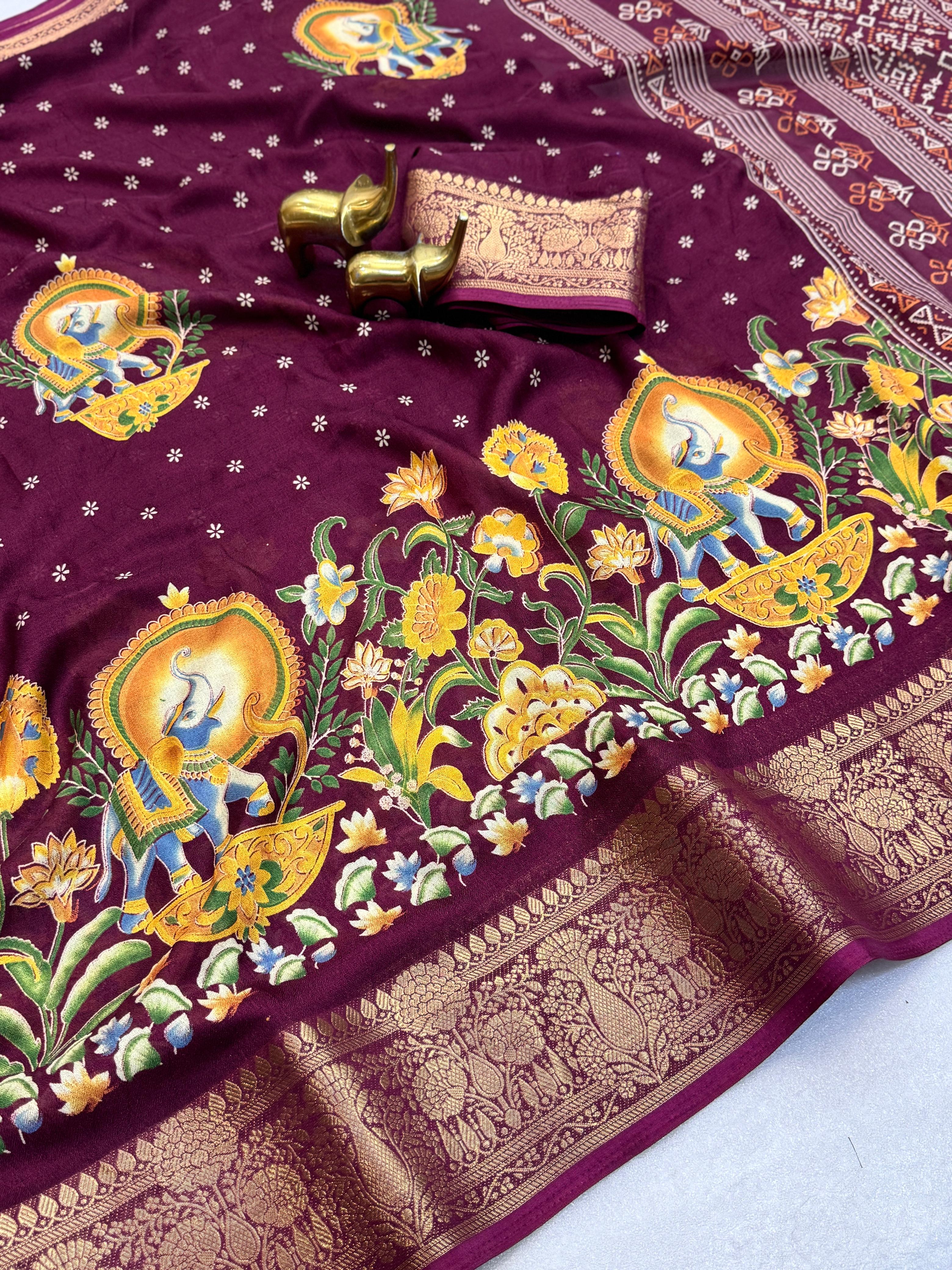 MASSMELLO SELF JEQURED SAREE HEAVY JEQ BORDER KALMKARI PRINT SAREE 