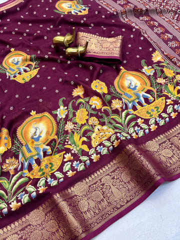 MASSMELLO SELF JEQURED SAREE HEAVY JEQ BORDER KALMKARI PRINT SAREE 