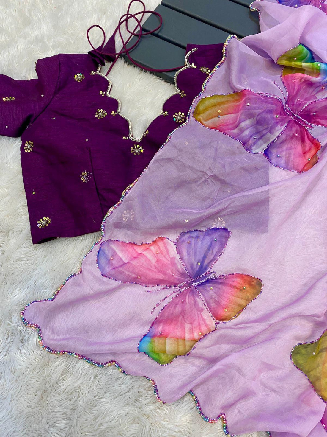 Saree with Readymade Blouse Soft Satin Organza with Flower Handprint in All Over Cutdana Work