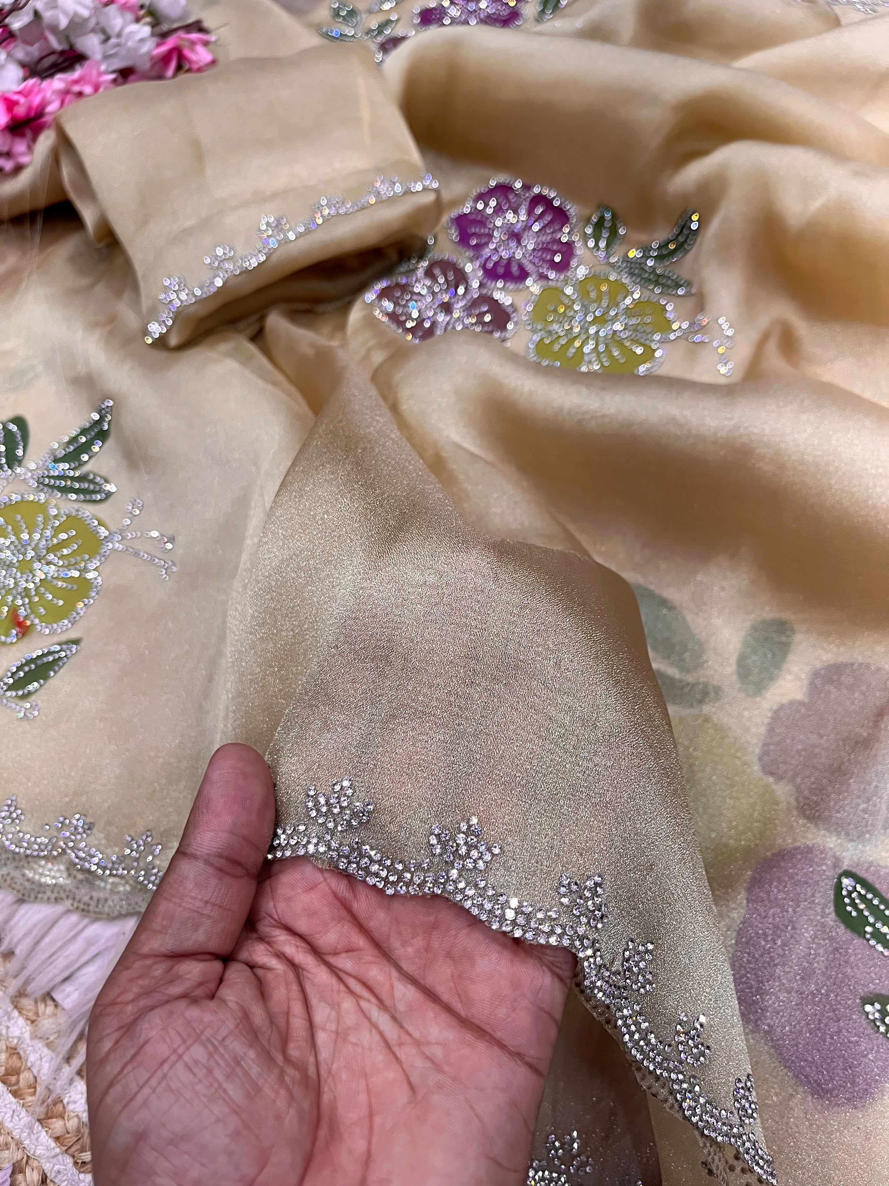 Beautiful Brush Print Saree with allover Jarkan Work