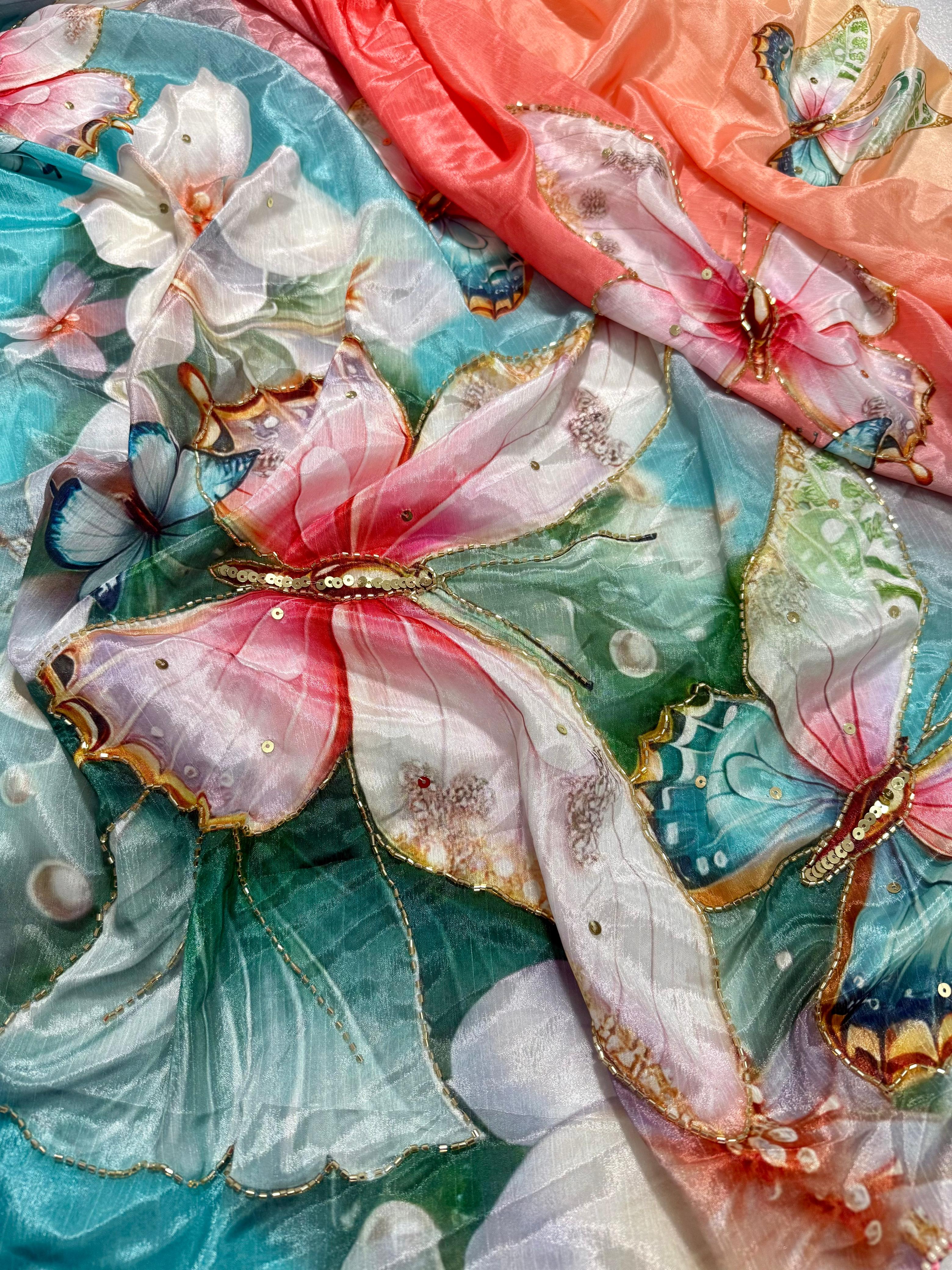 Pure Malai Silk Saree with Beautiful Digital Prints Butterfly & Flower with Hand Cutdana Work