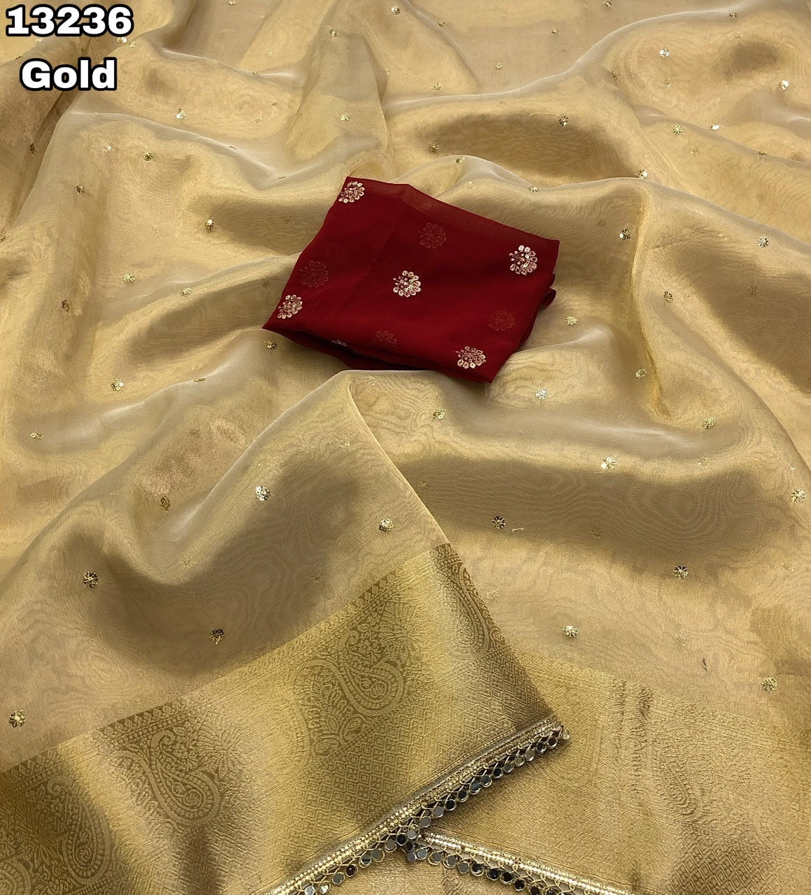 Tissue Silk Gold Colour Saree With Embroidery & Sequence Work Butti