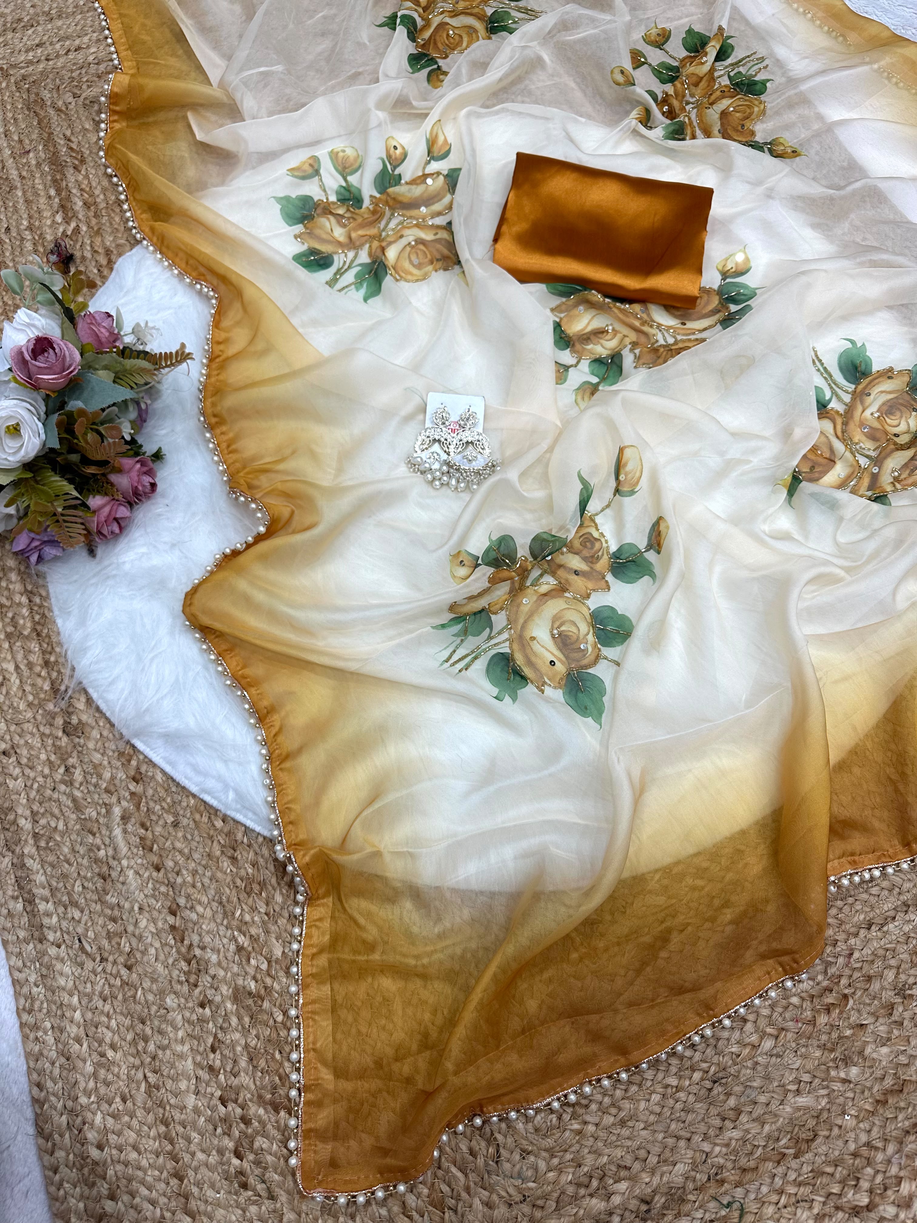 Tebby Silk Half Half Concept Saree with Designer Handwork and Moti Lace Border