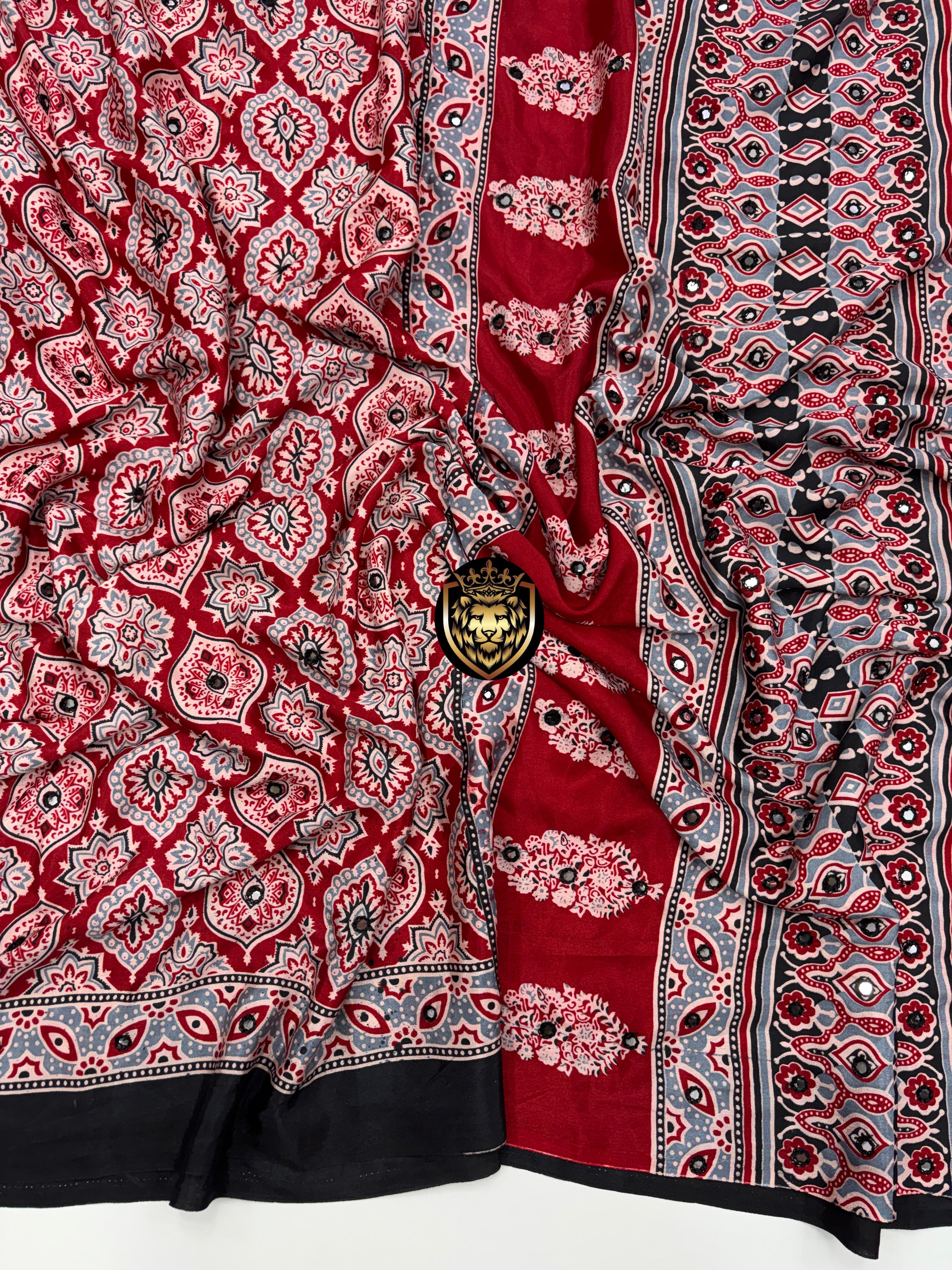 Beautiful Ajrakh Saree with Real mirror work