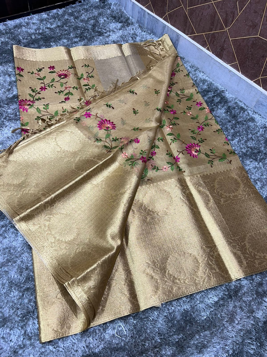 Gold Soft Banarasi Tissue Silk Saree with Embroidery Work