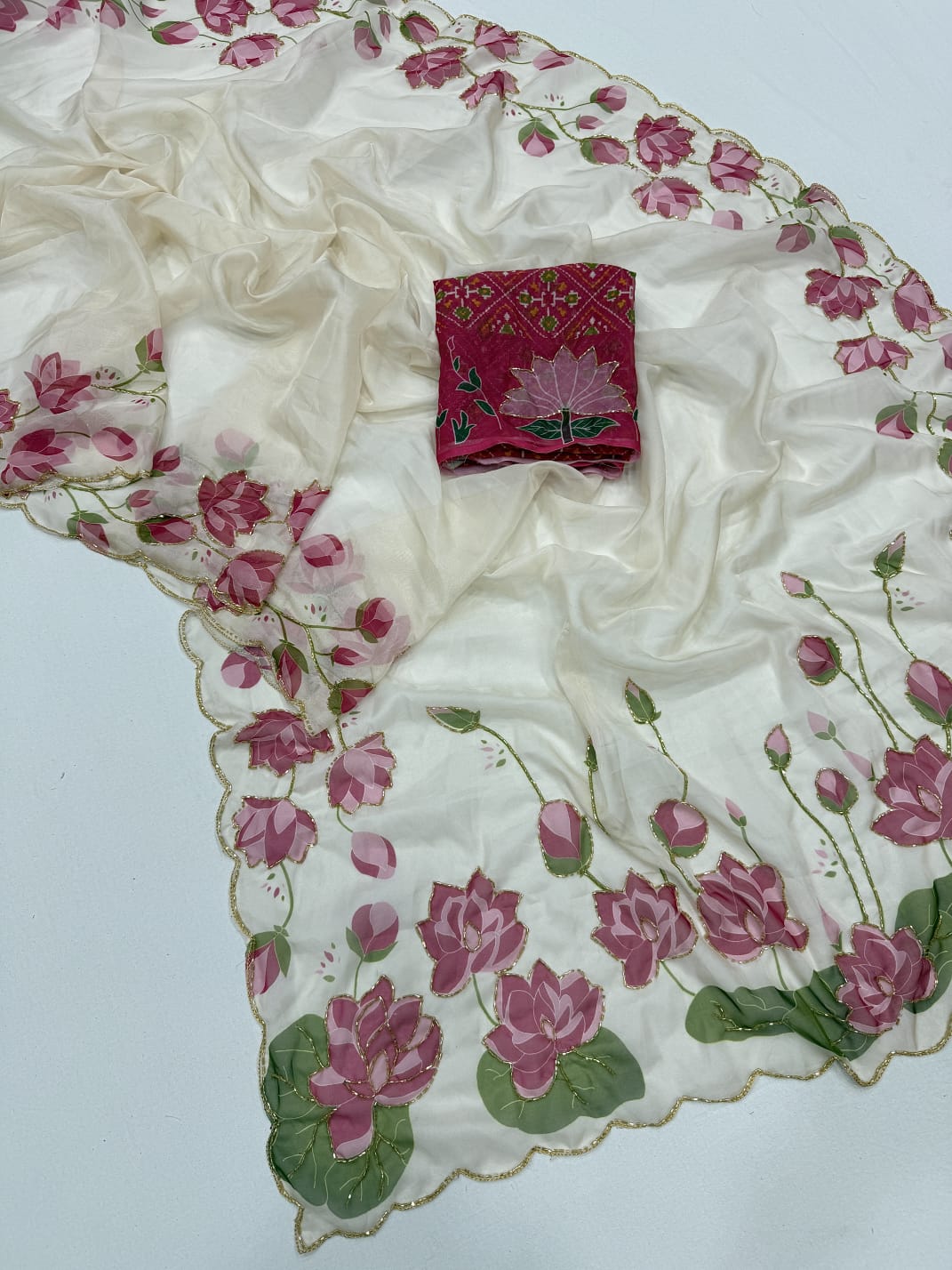 Soft Tebby Silk with Digital Floral Design with Beautiful Katdana Handwork