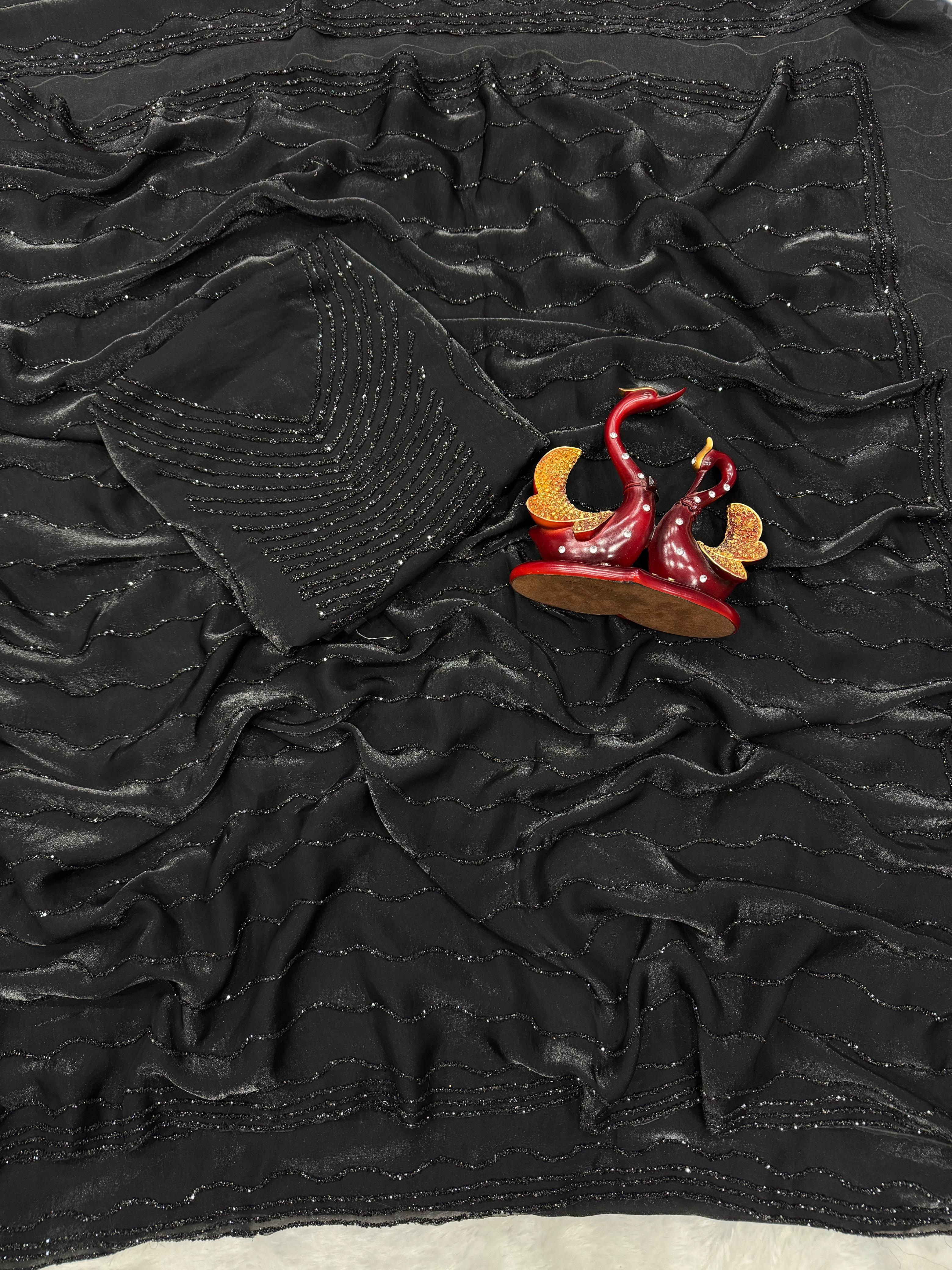 Bold & Beautiful Partywear Black Space Silk Saree with Diamond Work
