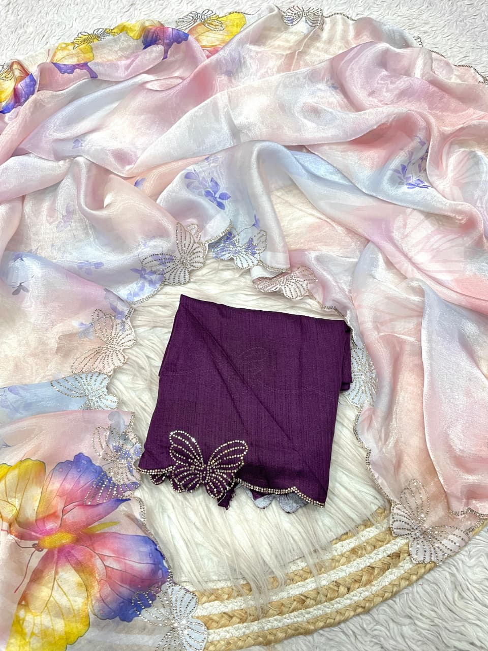 Beautiful Fendy Satin Saree with Beautiful Siroski Work