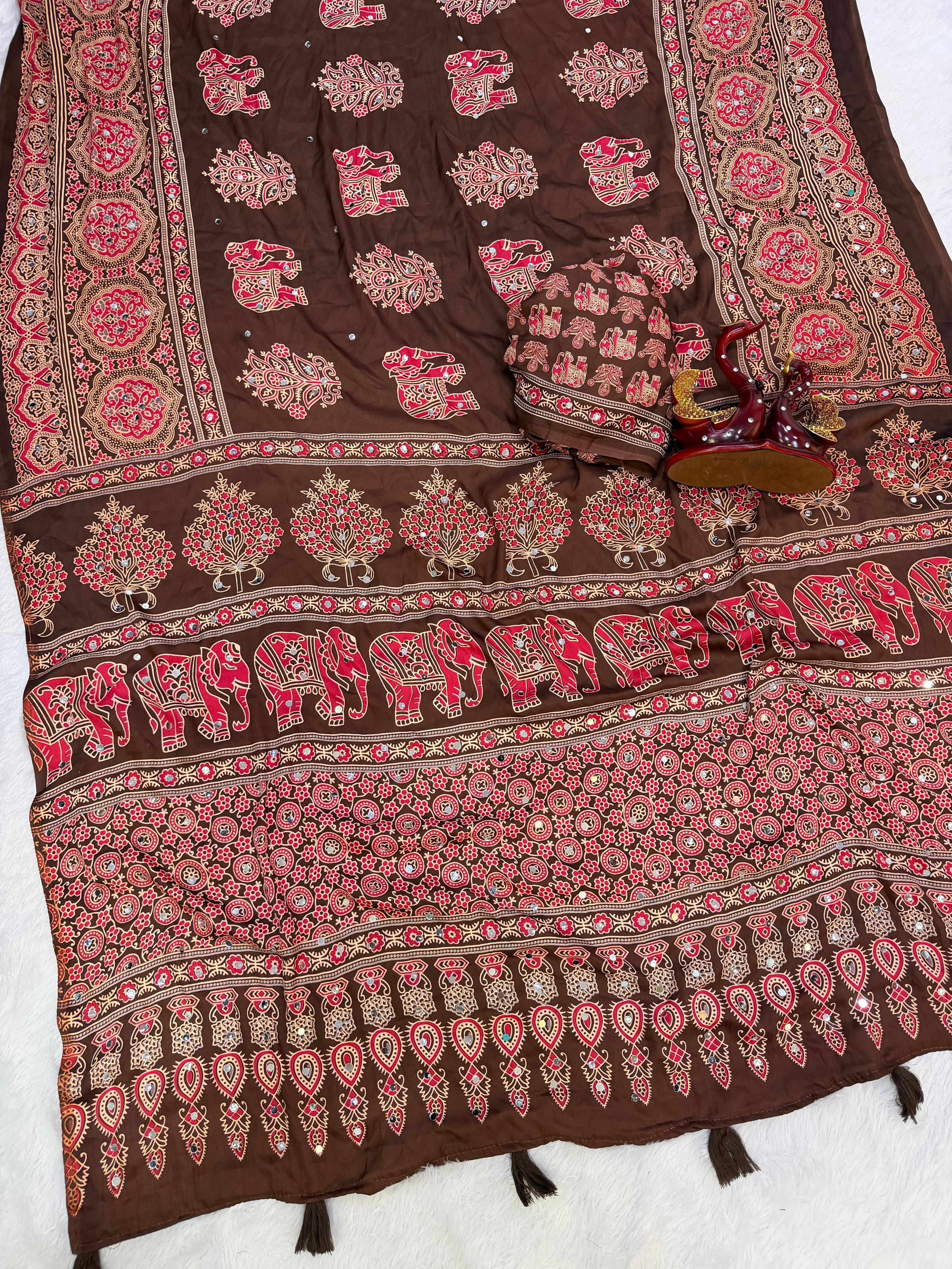 Beautiful Ajrakh Print with Real Mirror Work and Latkan