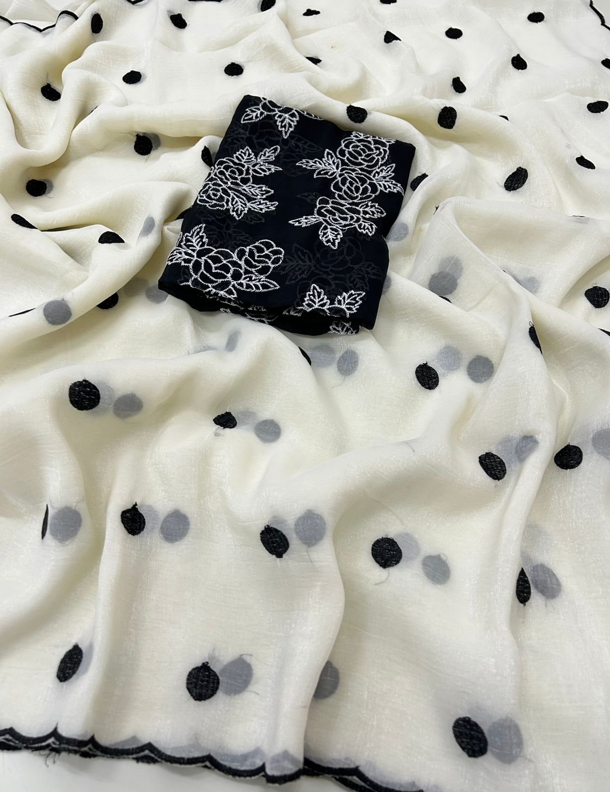 Polka Dots Saree with Embroidery Work