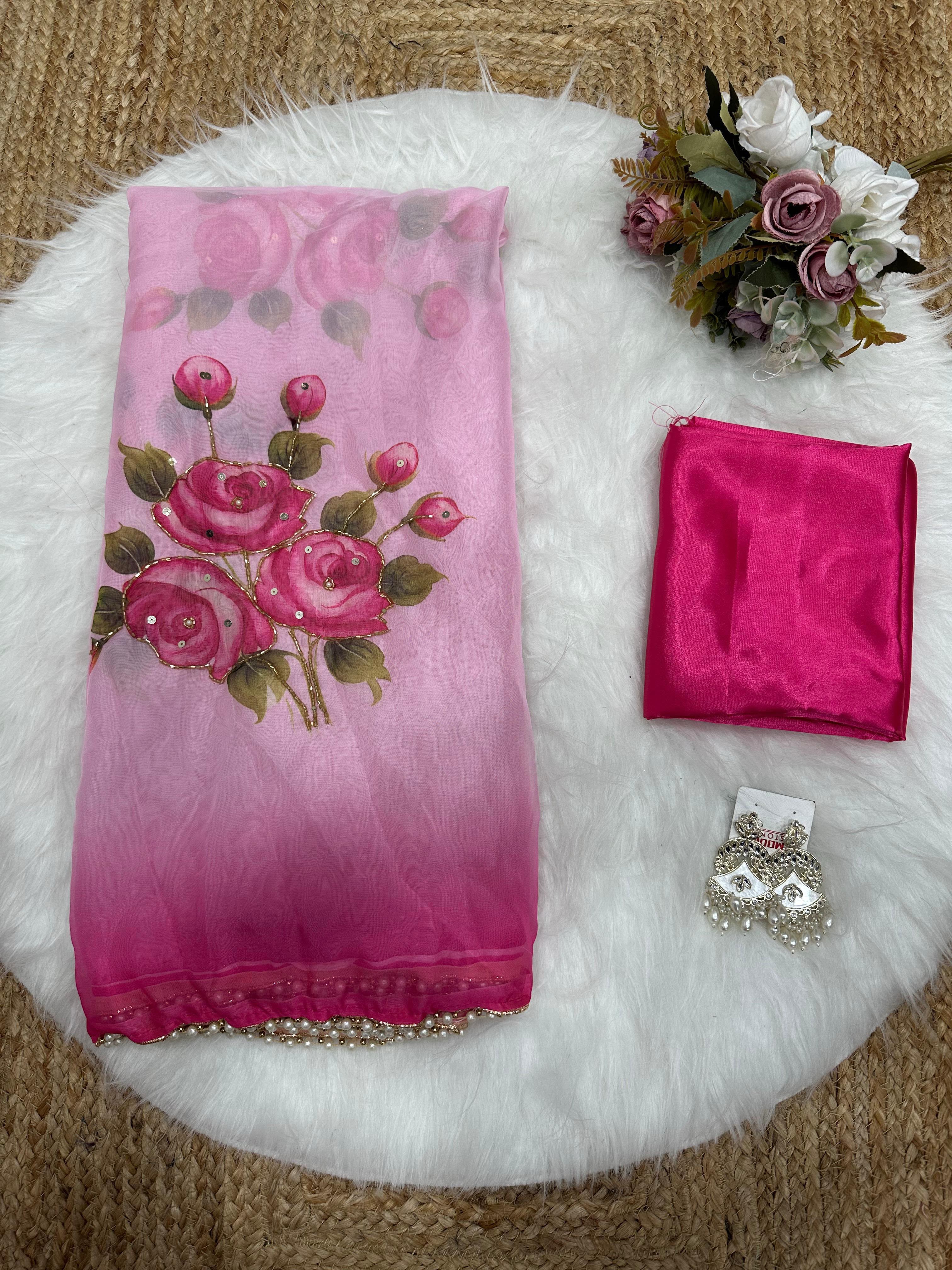 Tebby Silk Half Half Concept Saree with Designer Handwork and Moti Lace Border