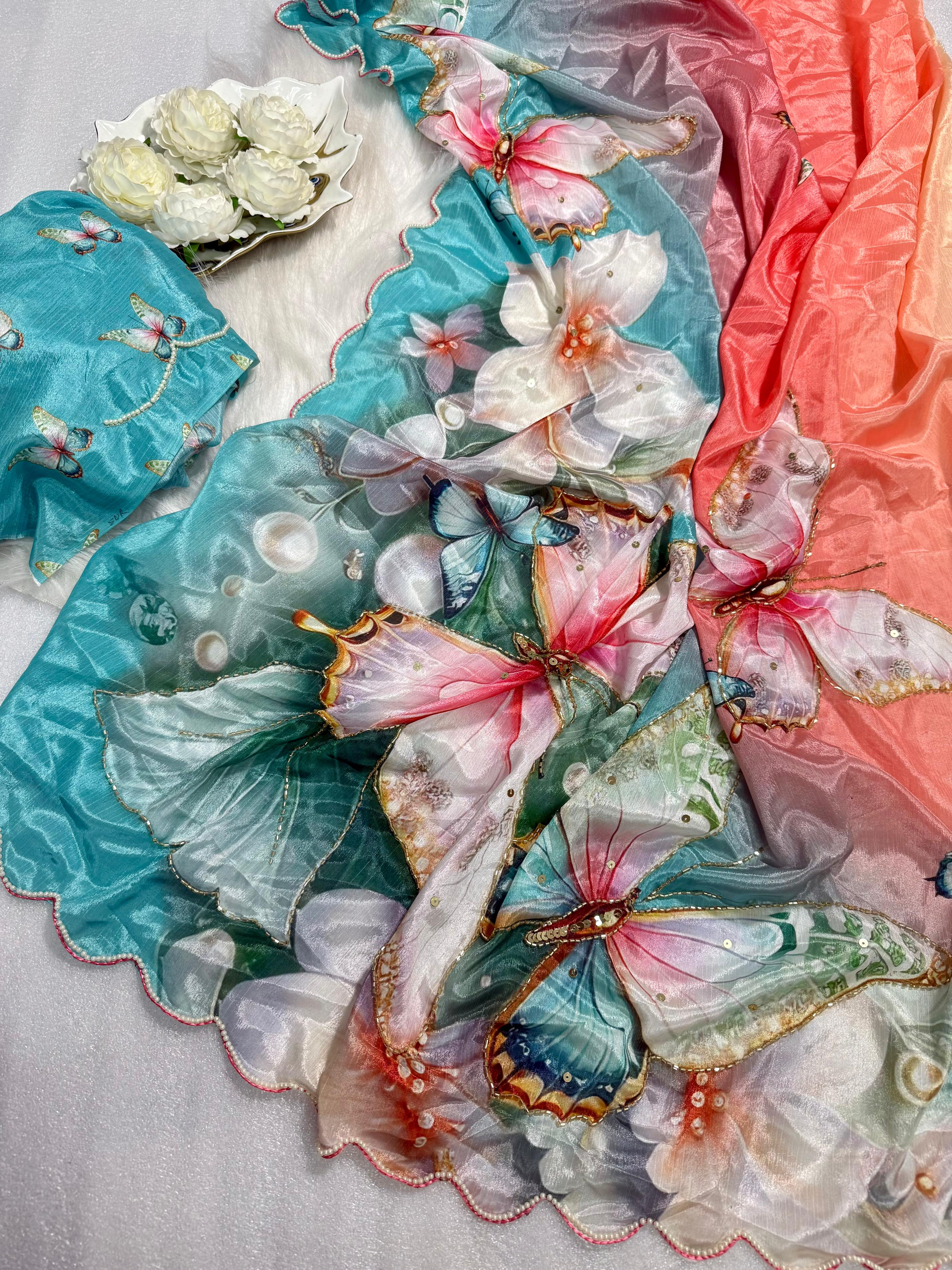 Pure Malai Silk Saree with Beautiful Digital Prints Butterfly & Flower with Hand Cutdana Work