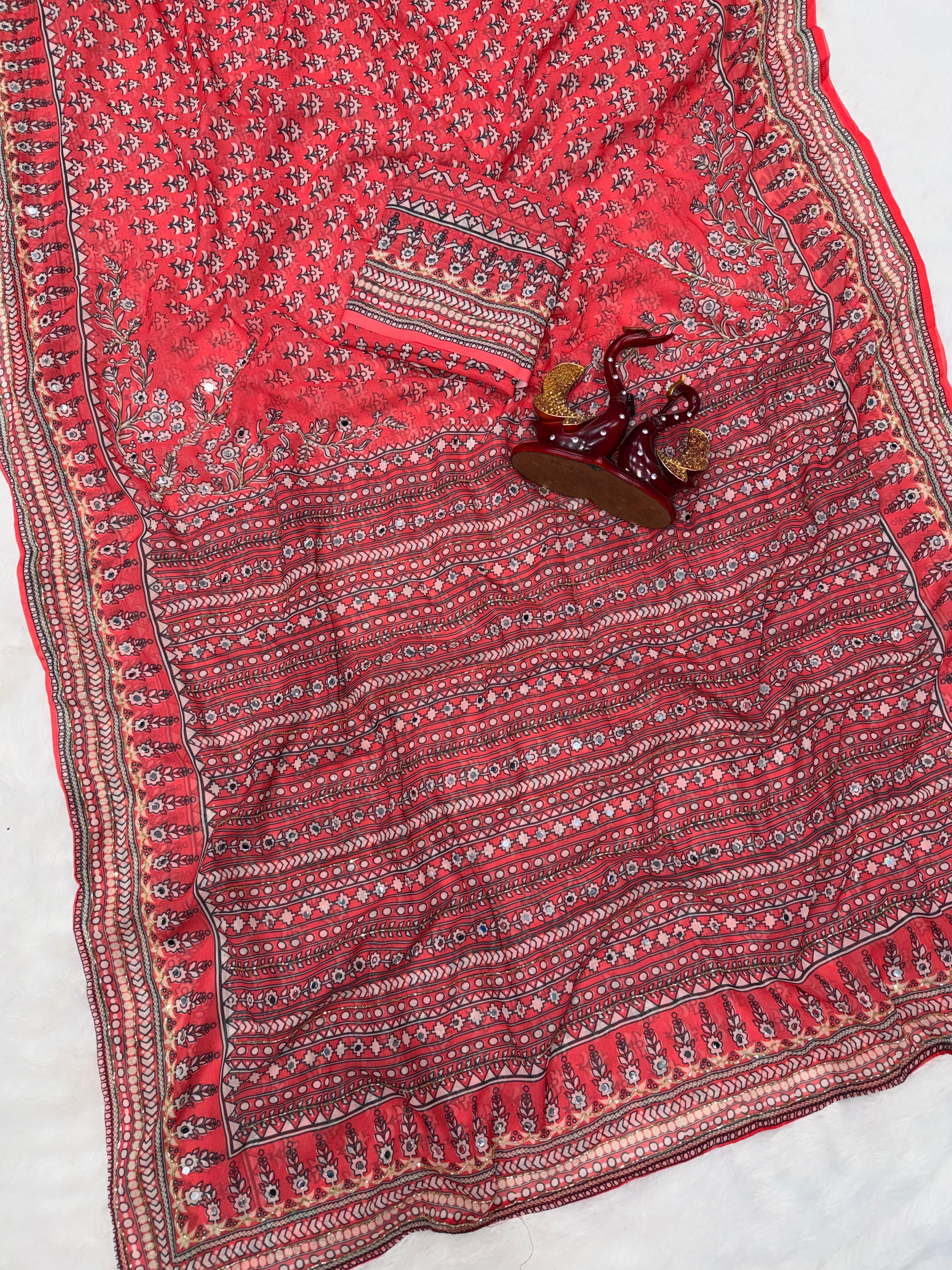 Ajrakh Designer Soft Fox Georgette Sarees with Cutdana and Mirror Work