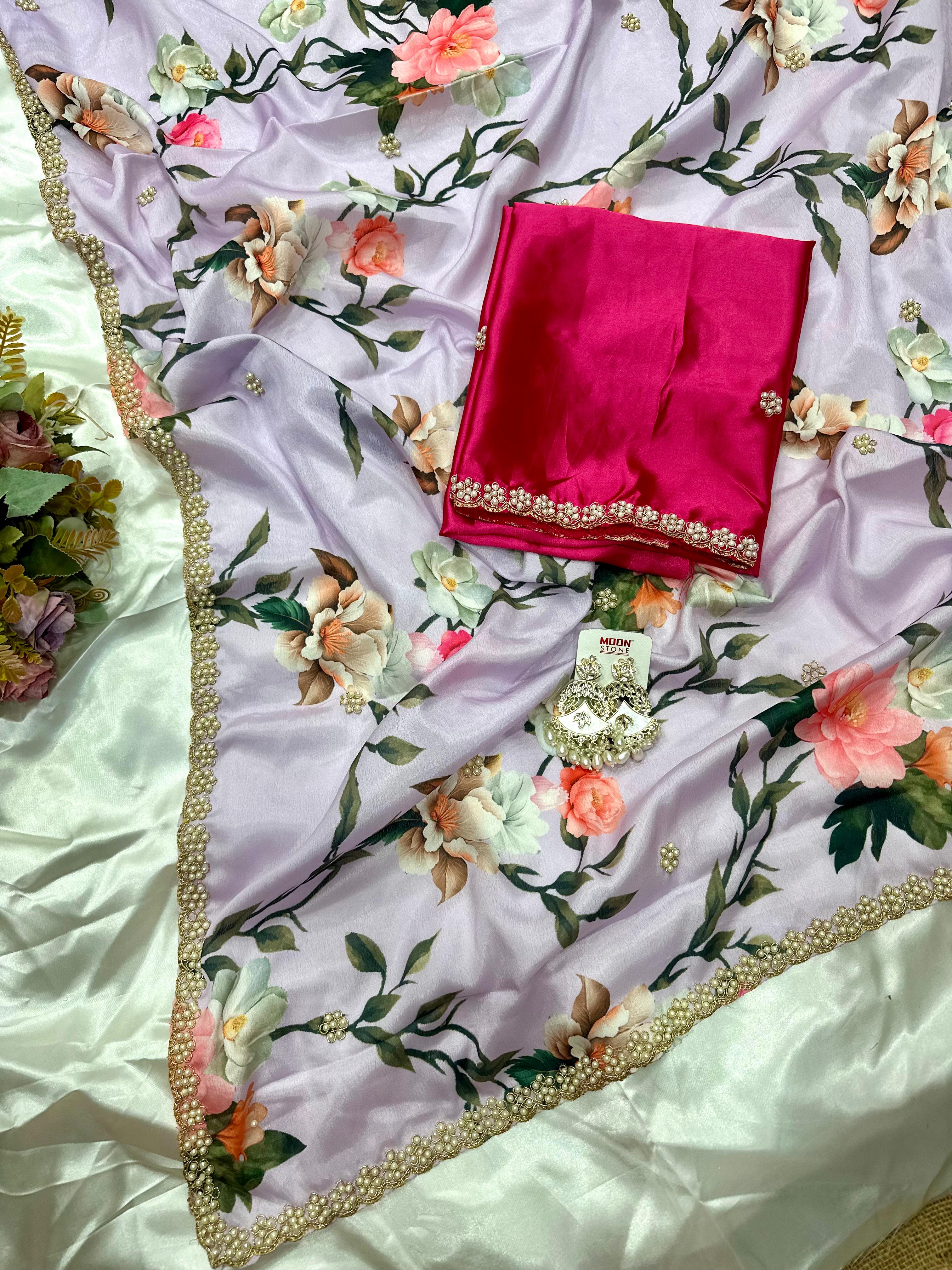 Chinnon Saree with Floral Designs & Moti Work