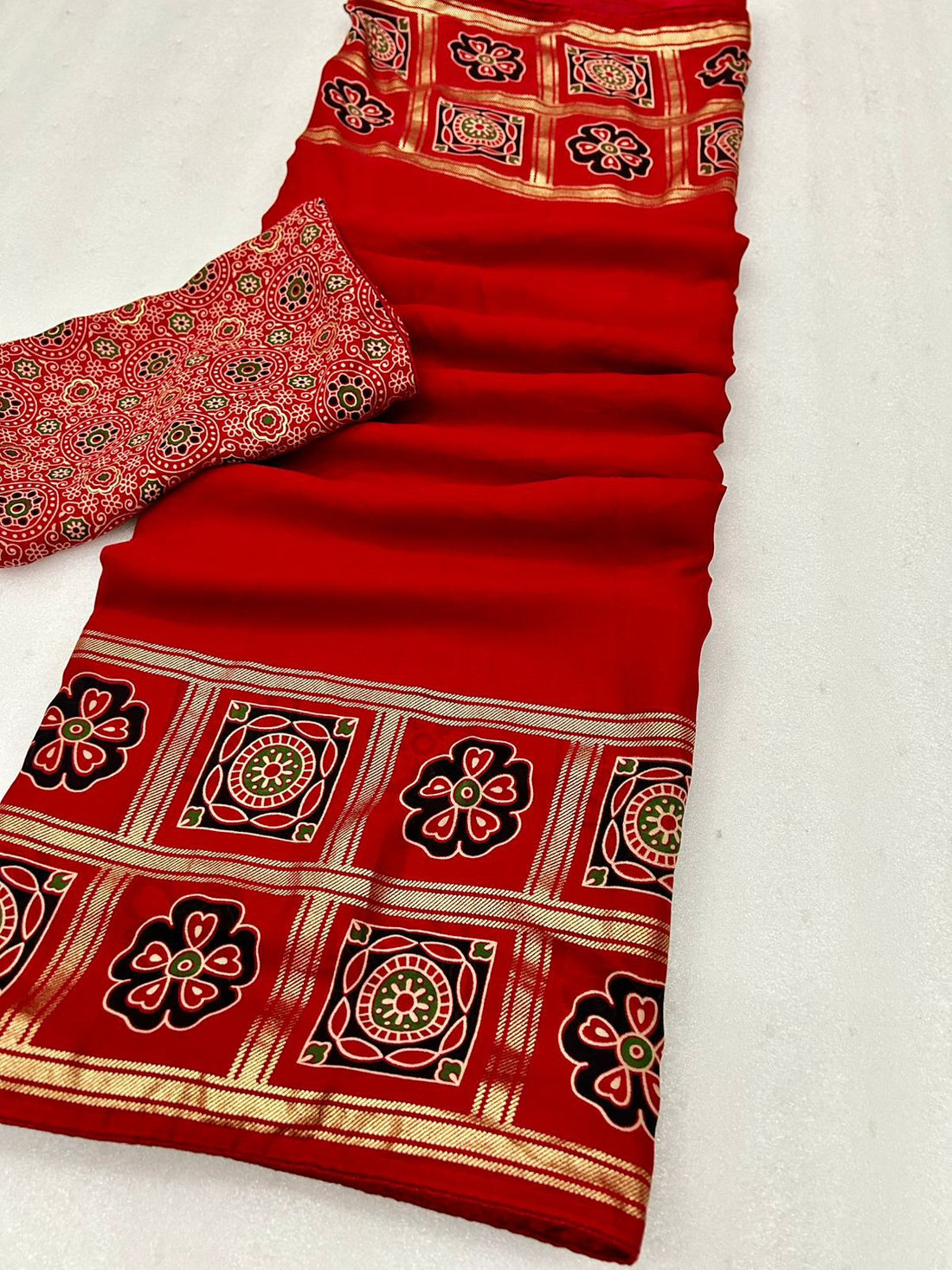 Ajrakh Sarees with Batik Print