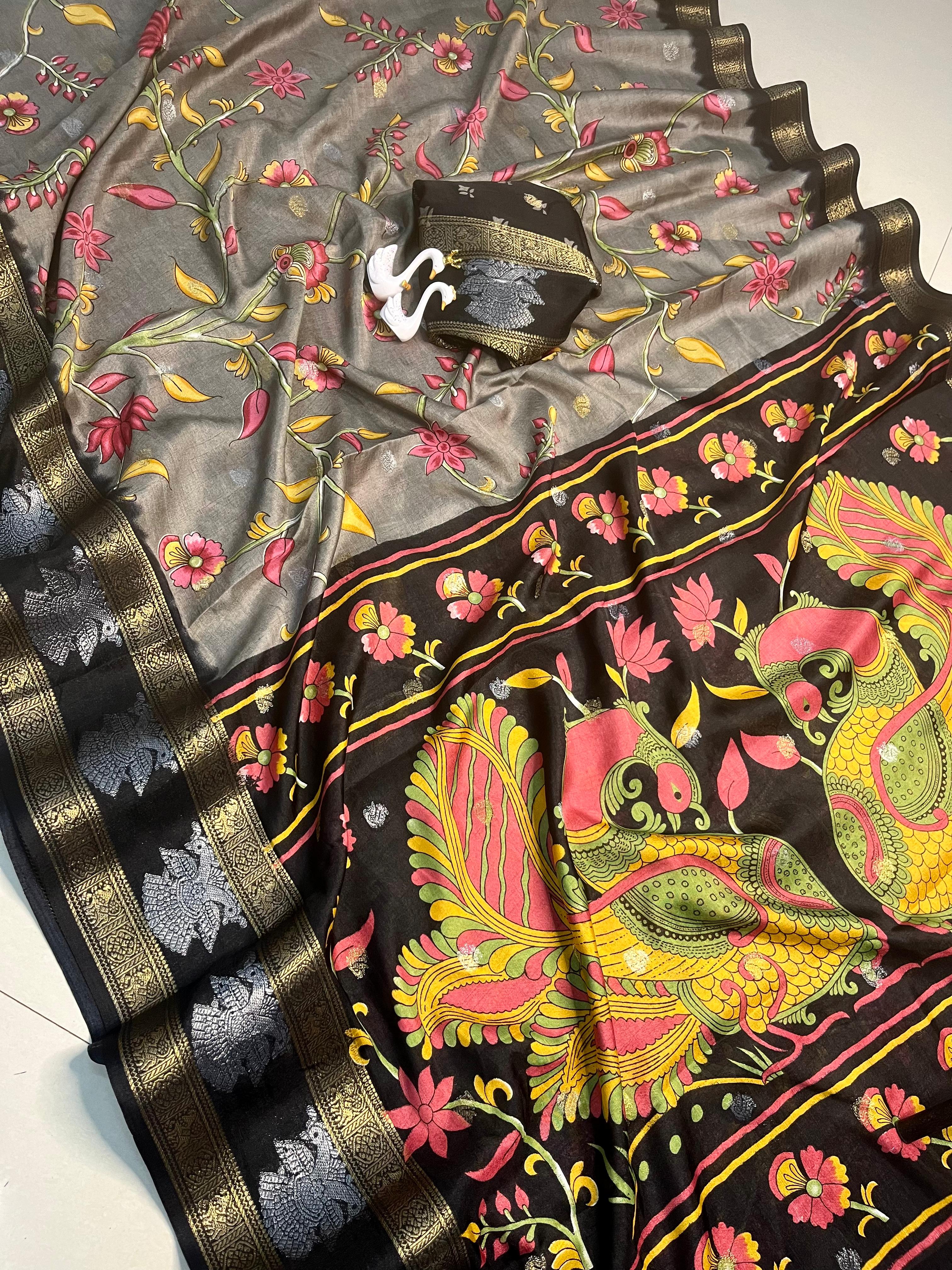 Soft Dola Kalamkari Saree with Peacock Weaving