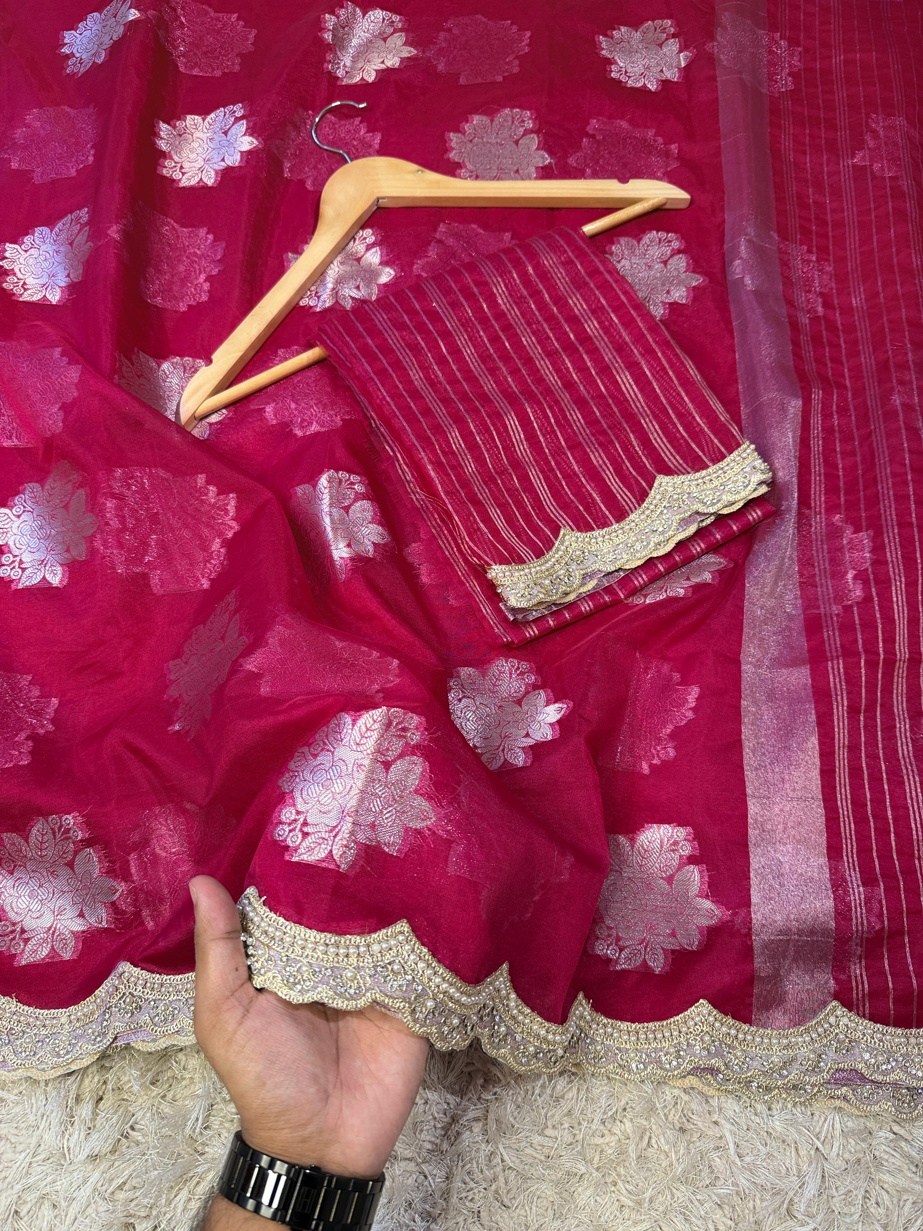 Banarasi Kora Organza with beautiful lace scalloped border