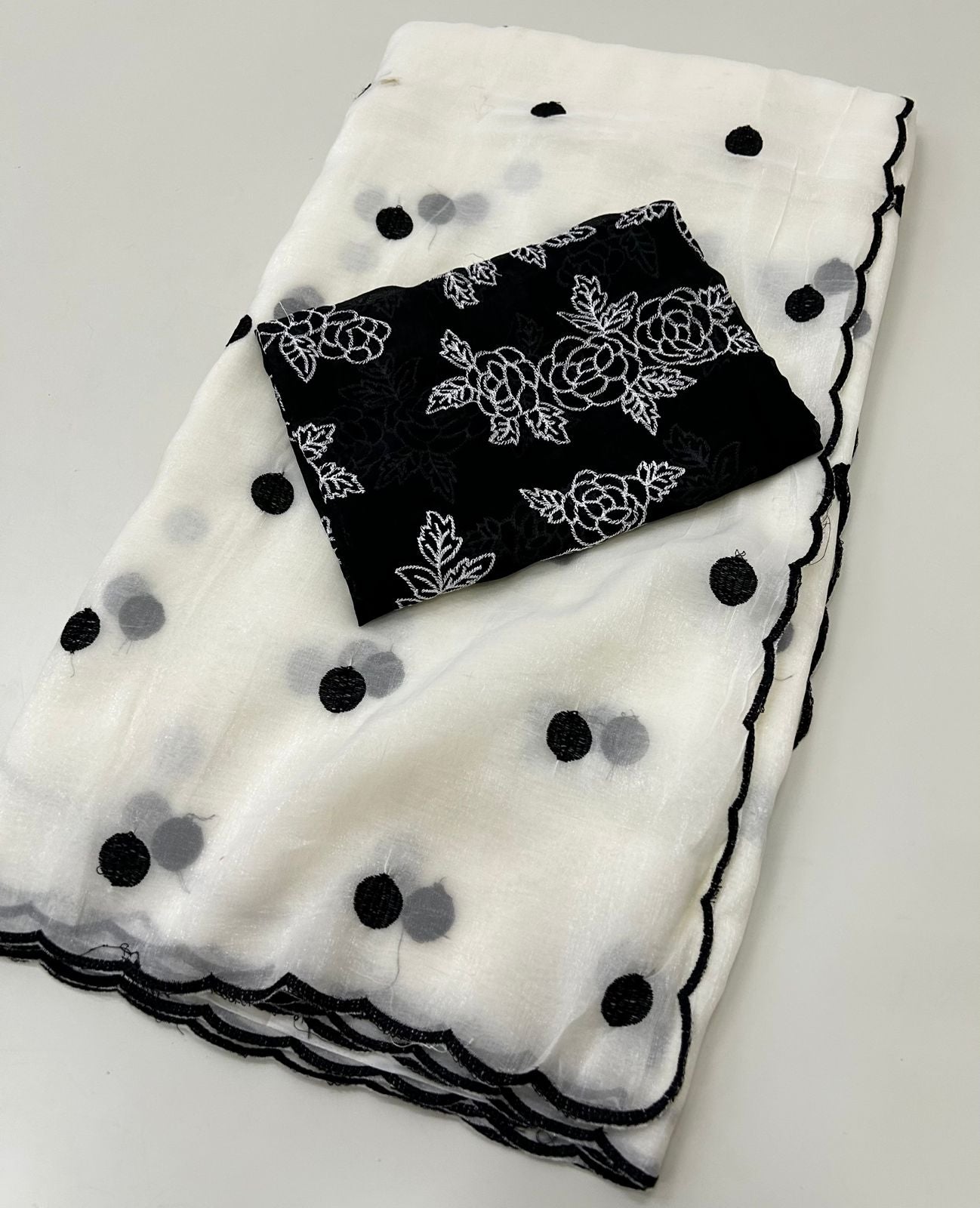 Polka Dots Saree with Embroidery Work