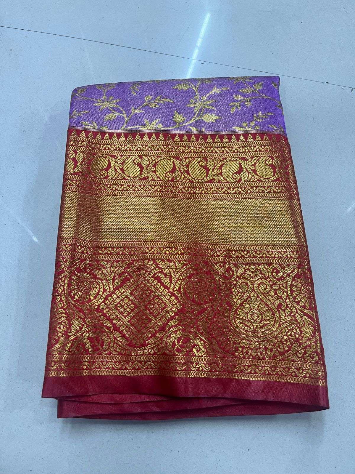 Trending Lavender with Red Fancy Pattu Saree in Two Zari Types