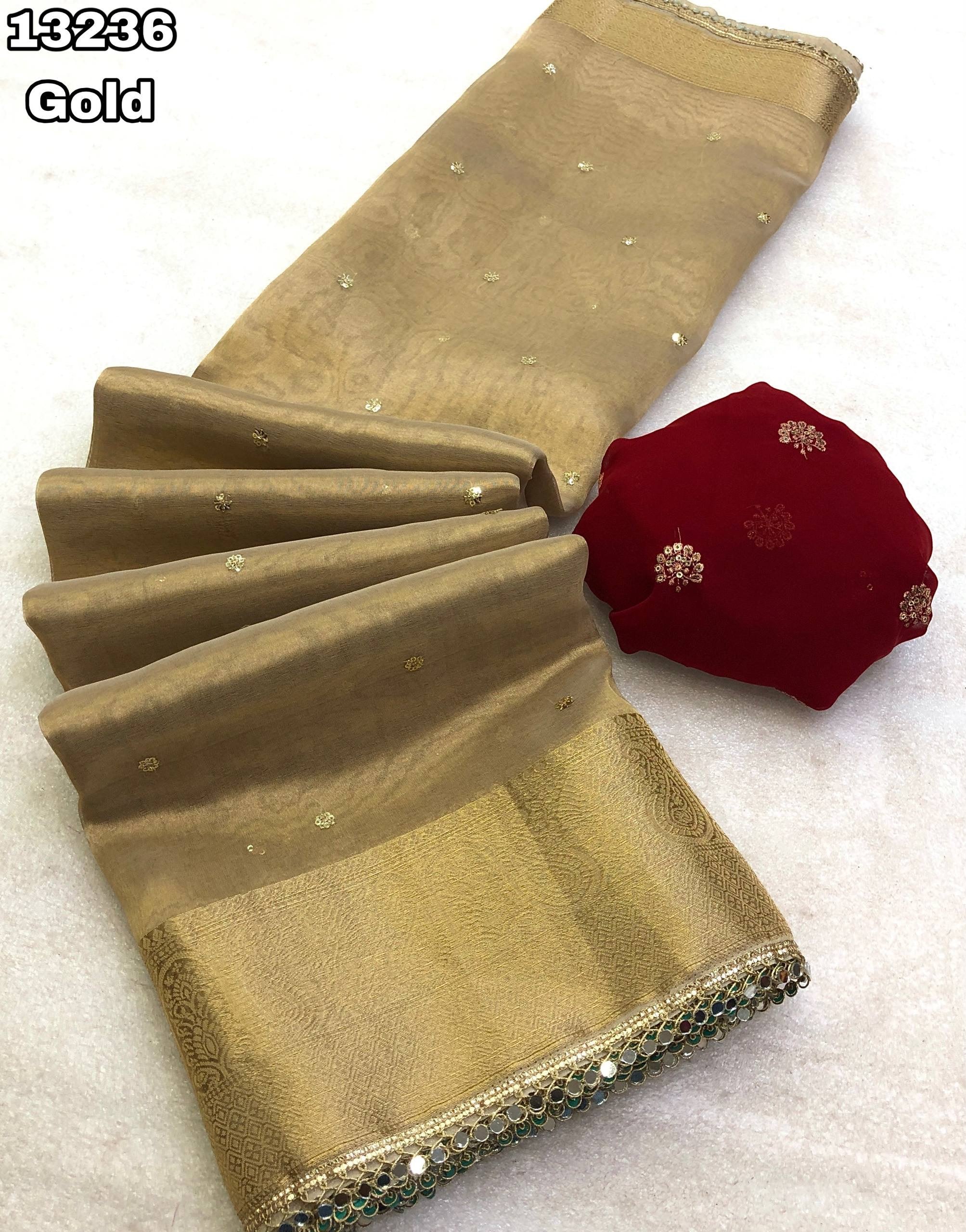 Tissue Silk Gold Colour Saree With Embroidery & Sequence Work Butti