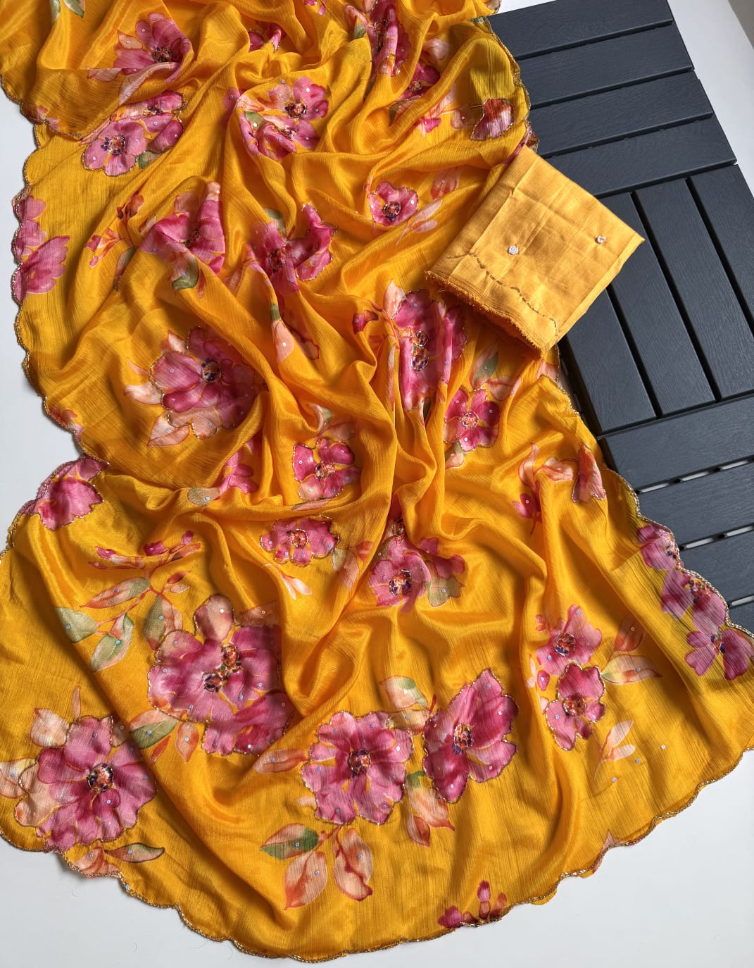 Soft Chinnon Silk with Beautiful Flower Print With Handwork Light Weight Sarees