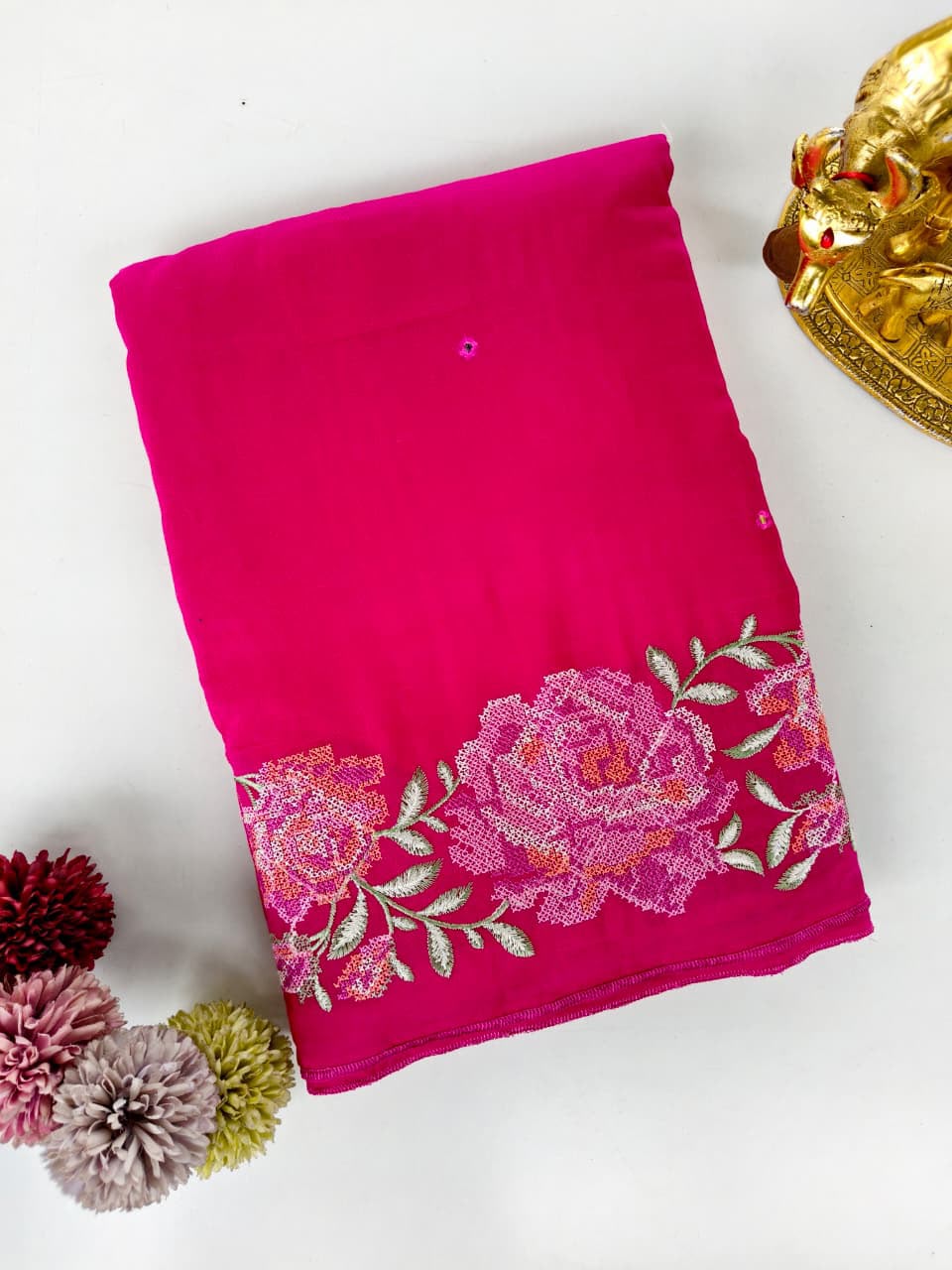 Pure Soft Dola Sarees with beautiful cross stitch & Aari Mirror Work