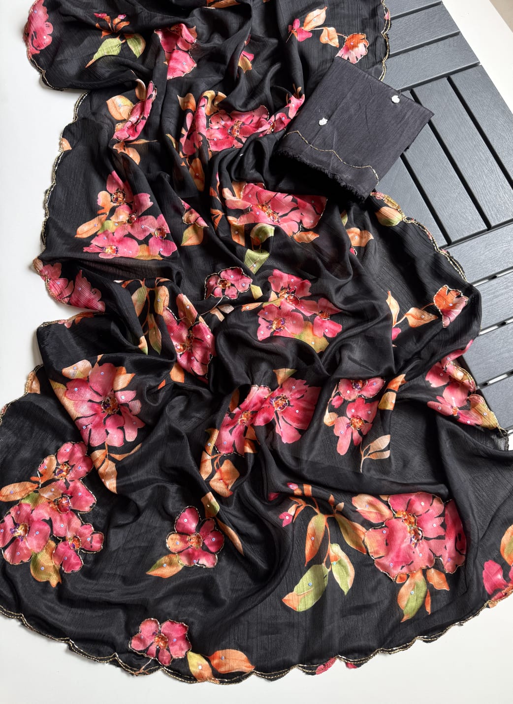 Soft Chinnon Silk with Beautiful Flower Print With Handwork Light Weight Sarees