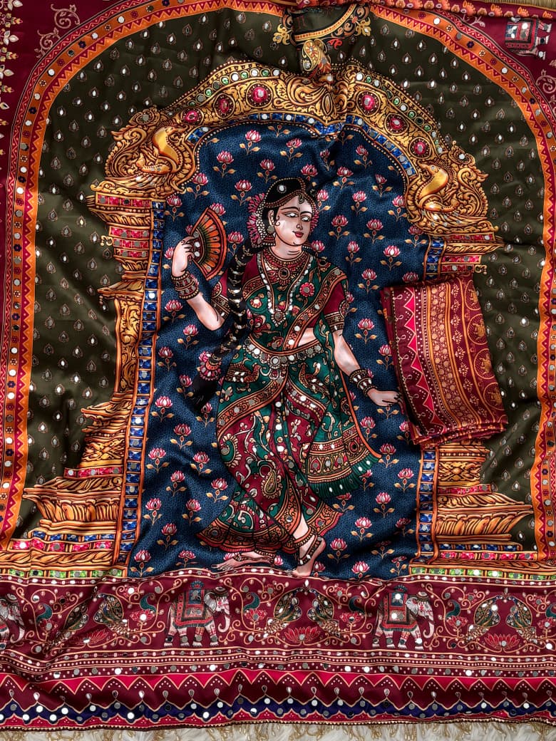 Rich look Japan Sartin Saree with Real Mirror and Pallu with Real moti tassels with Piping Border