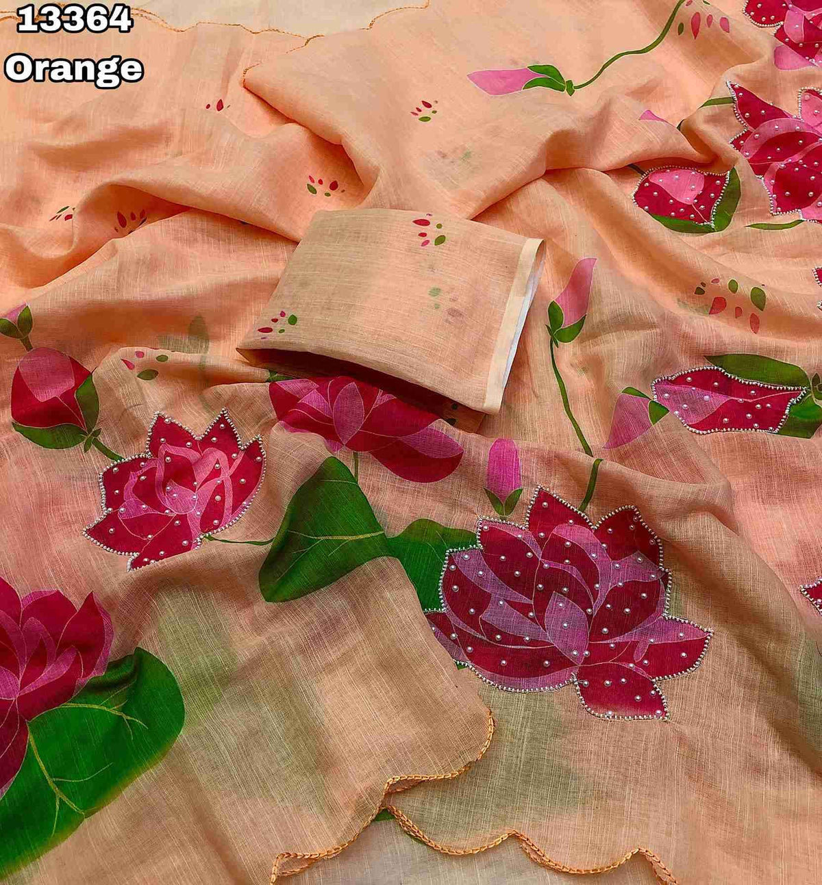 Soft Linen Lotus Design Digital Print Saree With Hand Moti Work Outing With Embroidery Scalloped Cutwork Border
