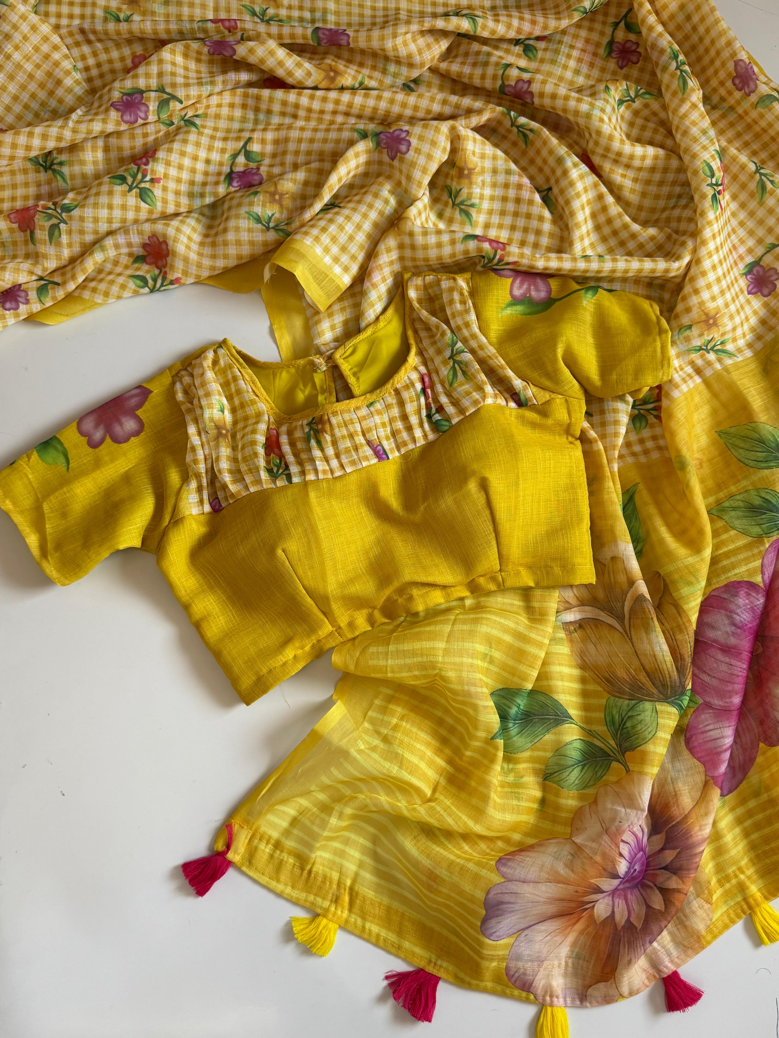 Floral Mul Cotton Saree with Stitched Blouse