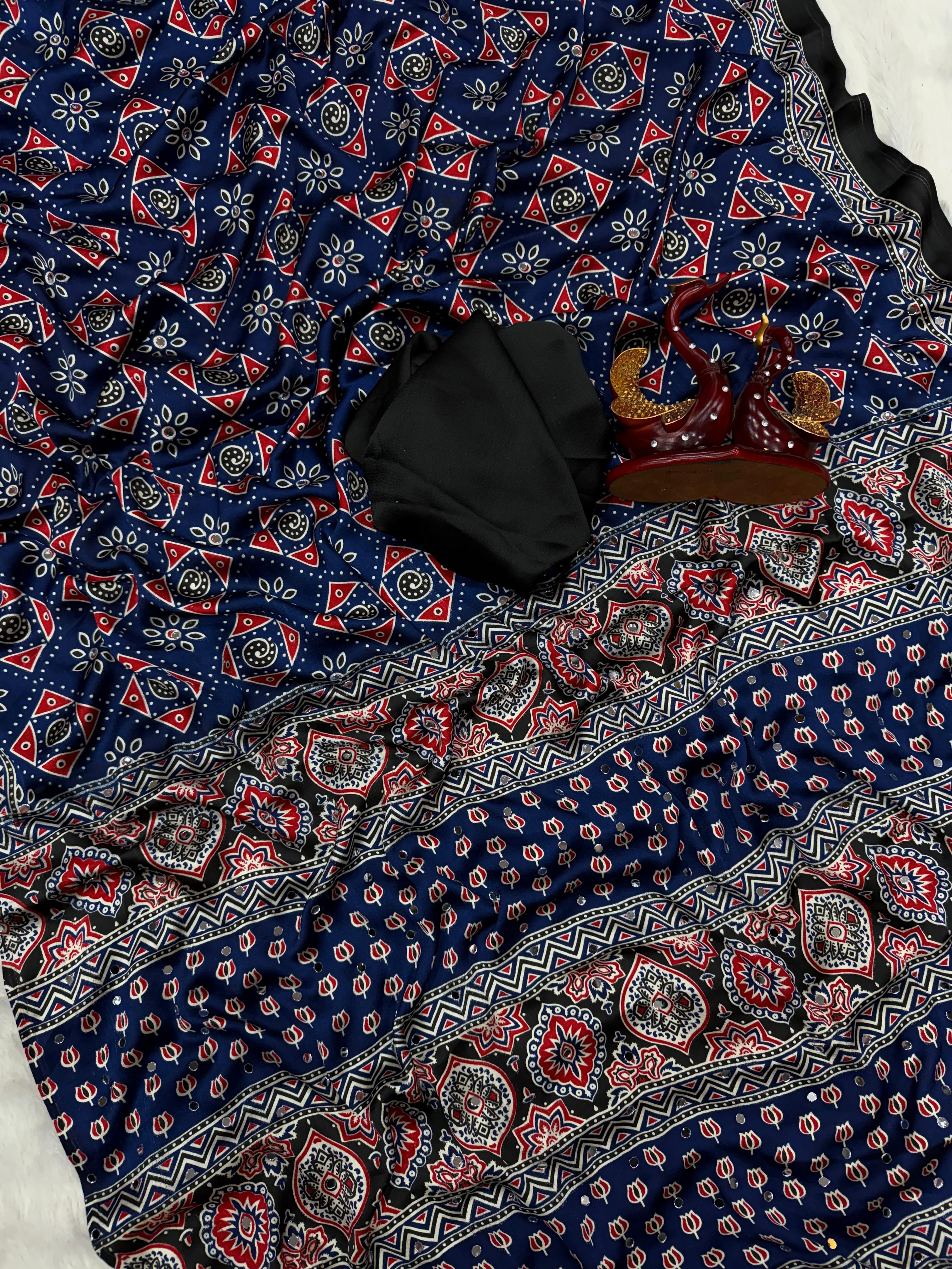 Beautiful Ajarakh Saree with Real mirror work and beautiful tussle