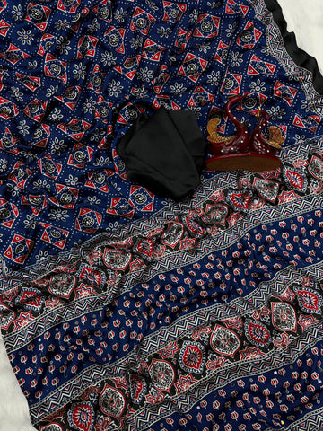Beautiful Ajarakh Saree with Real mirror work and beautiful tussle